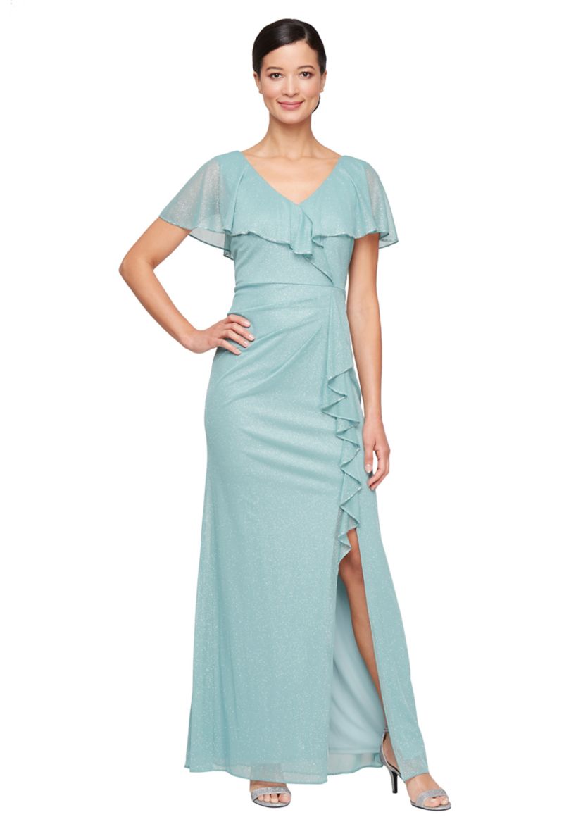 Womens Long Cascade Ruffle Front Dress with Bugle Beads