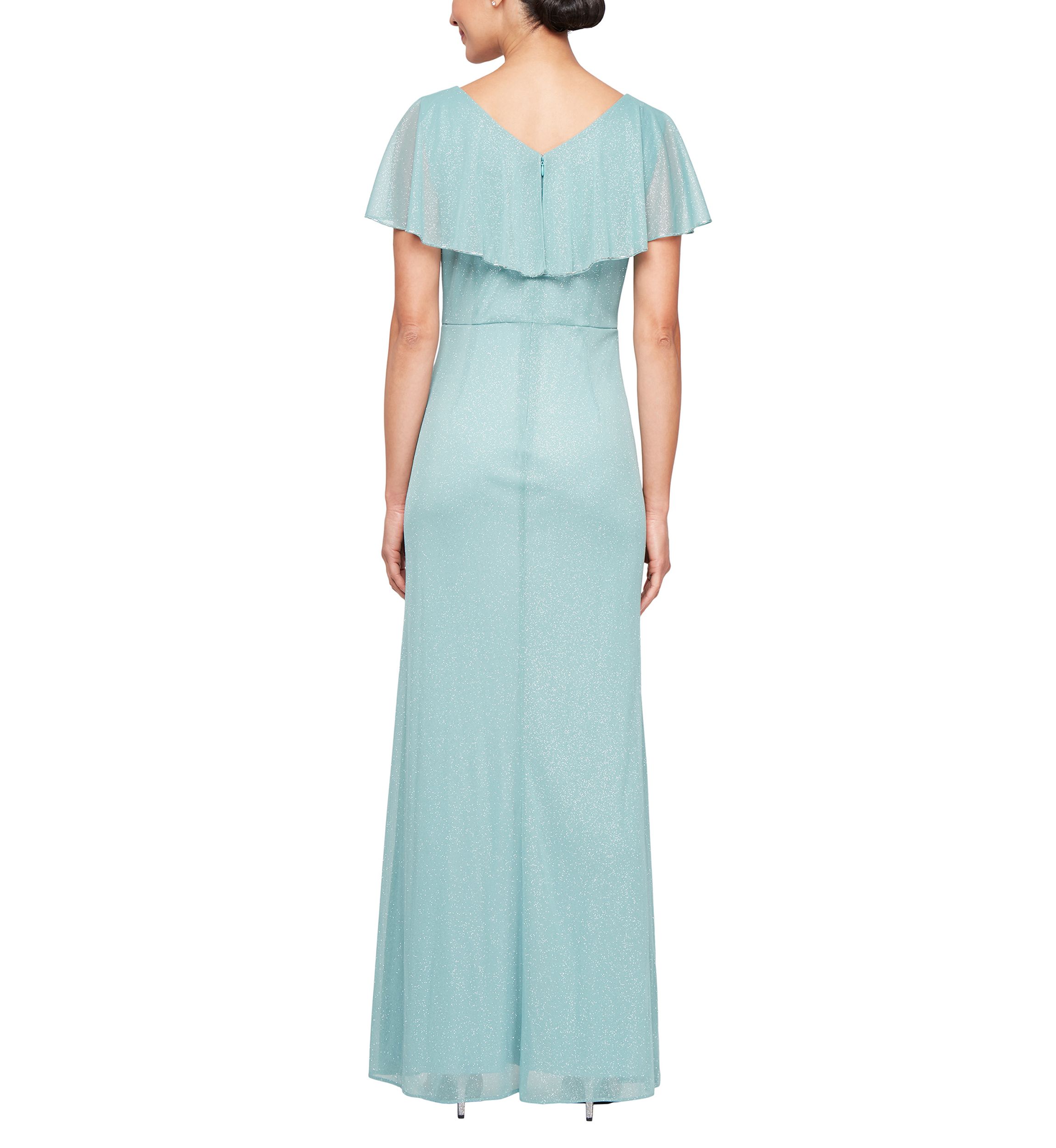 Womens Long Cascade Ruffle Front Dress with Bugle Beads