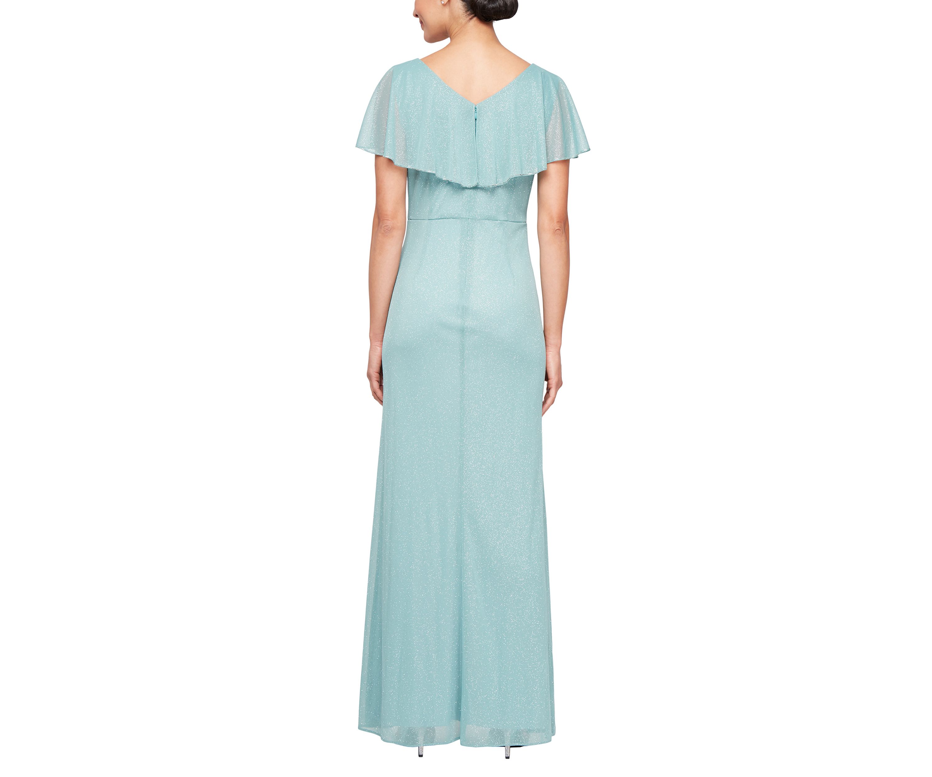 Womens Long Cascade Ruffle Front Dress with Bugle Beads