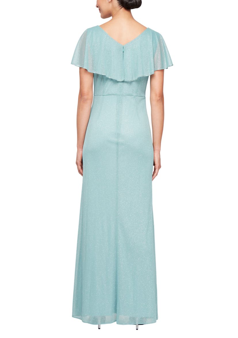 Womens Long Cascade Ruffle Front Dress with Bugle Beads