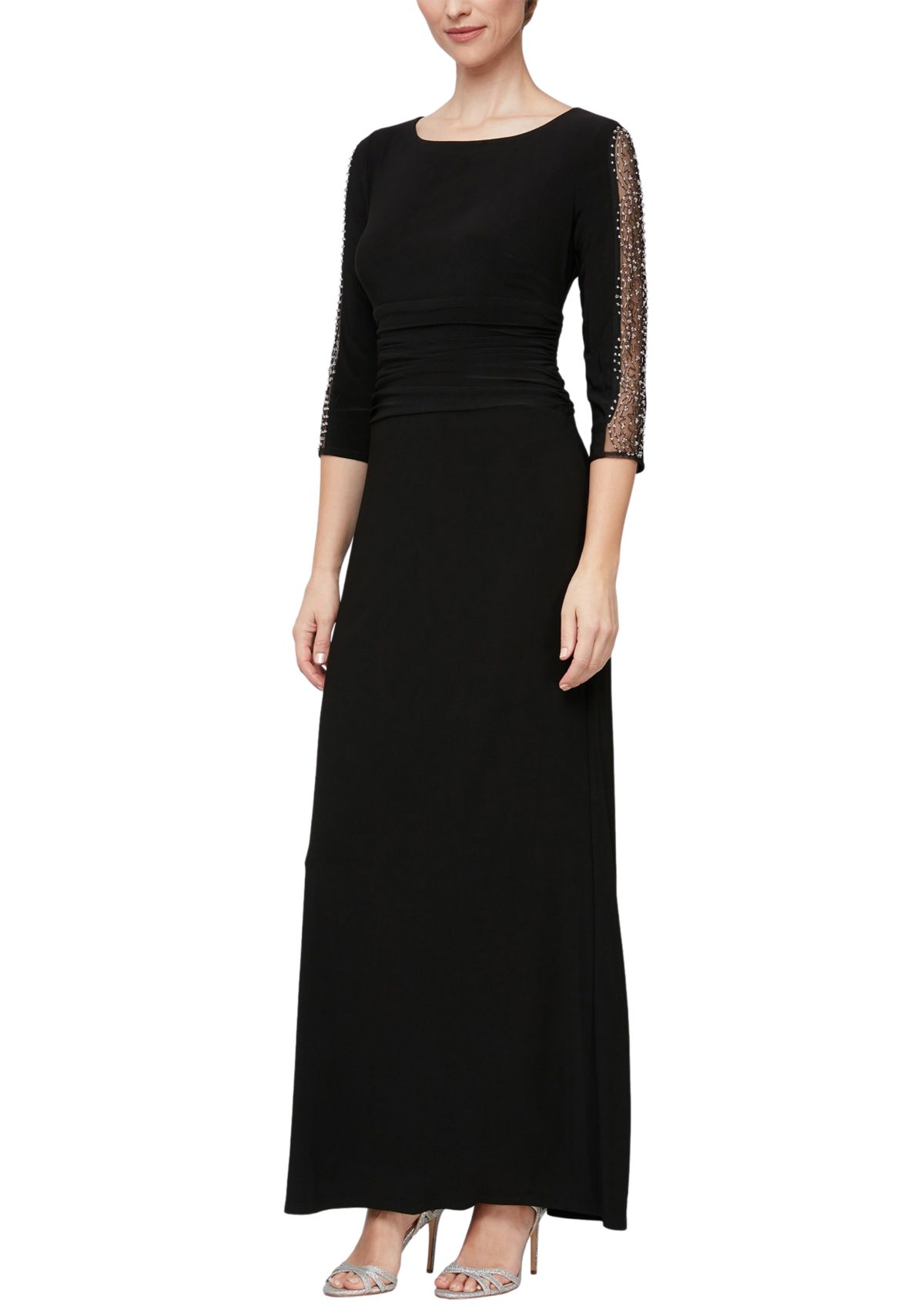Womens Boat Neck Ruched Waist Gown
