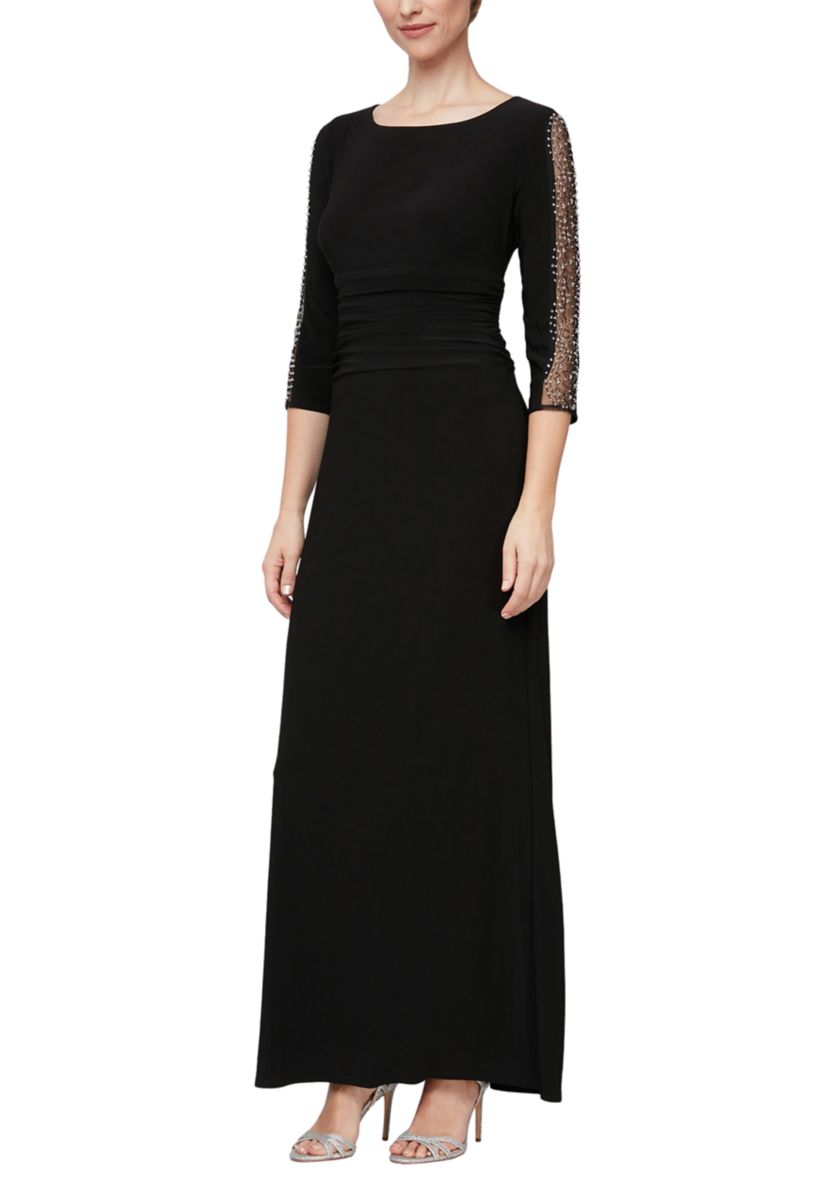 Womens Boat Neck Ruched Waist Gown