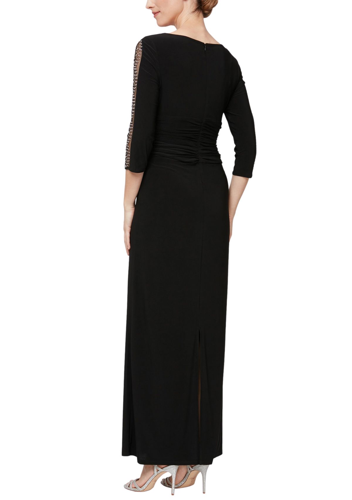 Womens Boat Neck Ruched Waist Gown