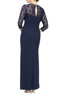 Women's 3/4 Lace Sleeve Solid Crepe Gown