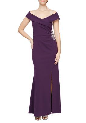 Slny Women's Portrait Collar Side Ruched Slit Gown