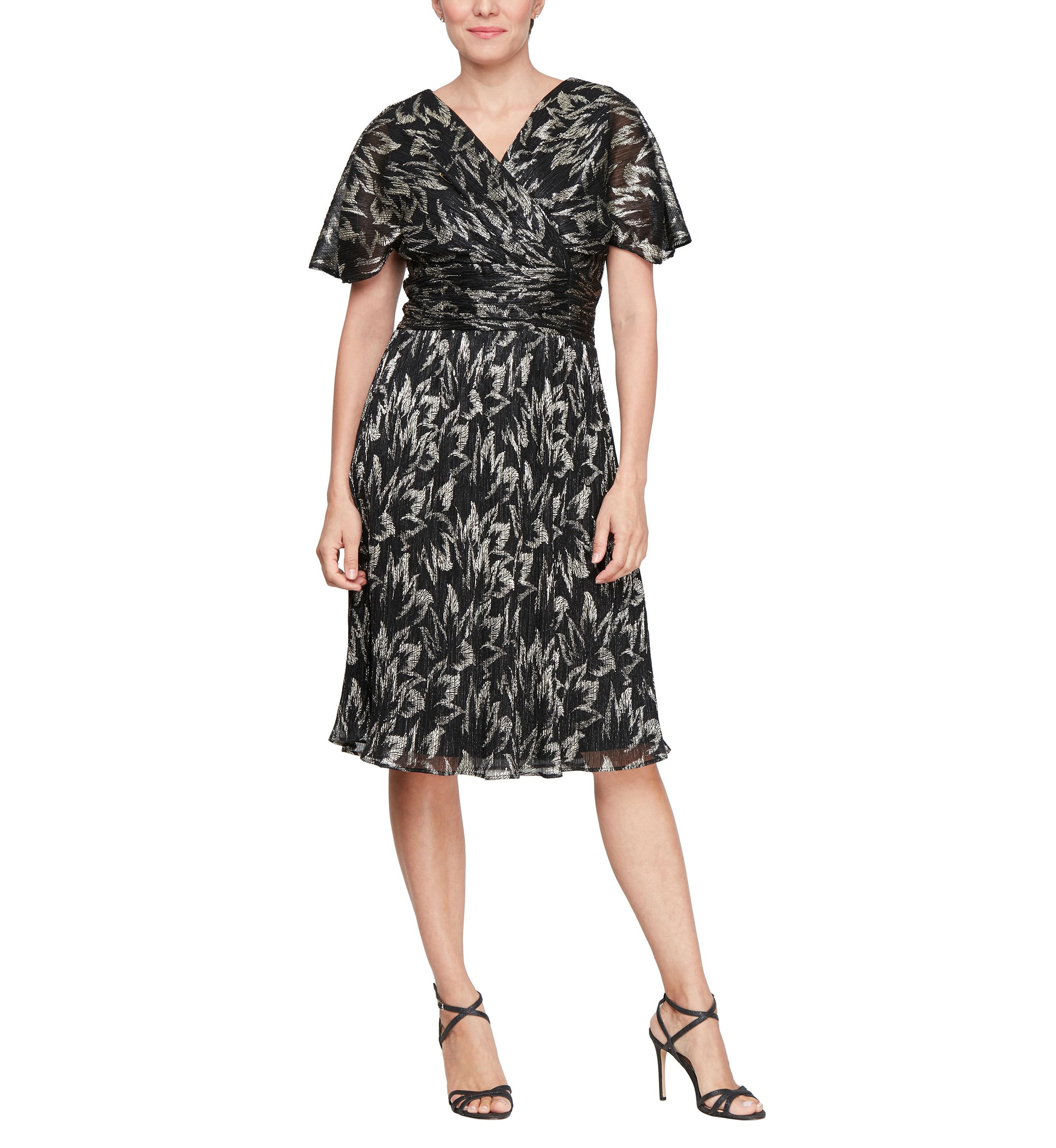 Womens Midi Foil Printed Dress with Surplice Neckline and Ruched Waist