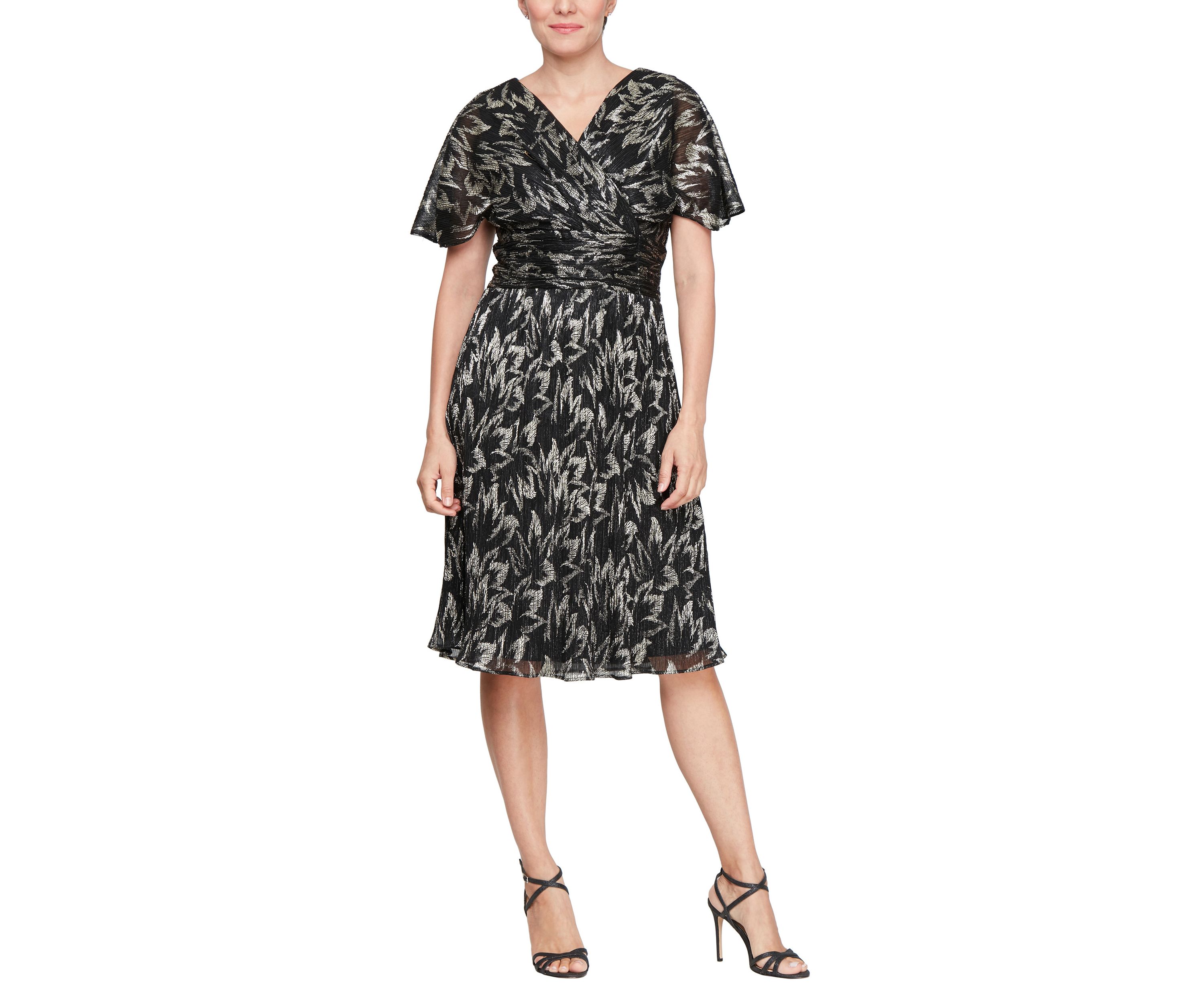 Womens Midi Foil Printed Dress with Surplice Neckline and Ruched Waist