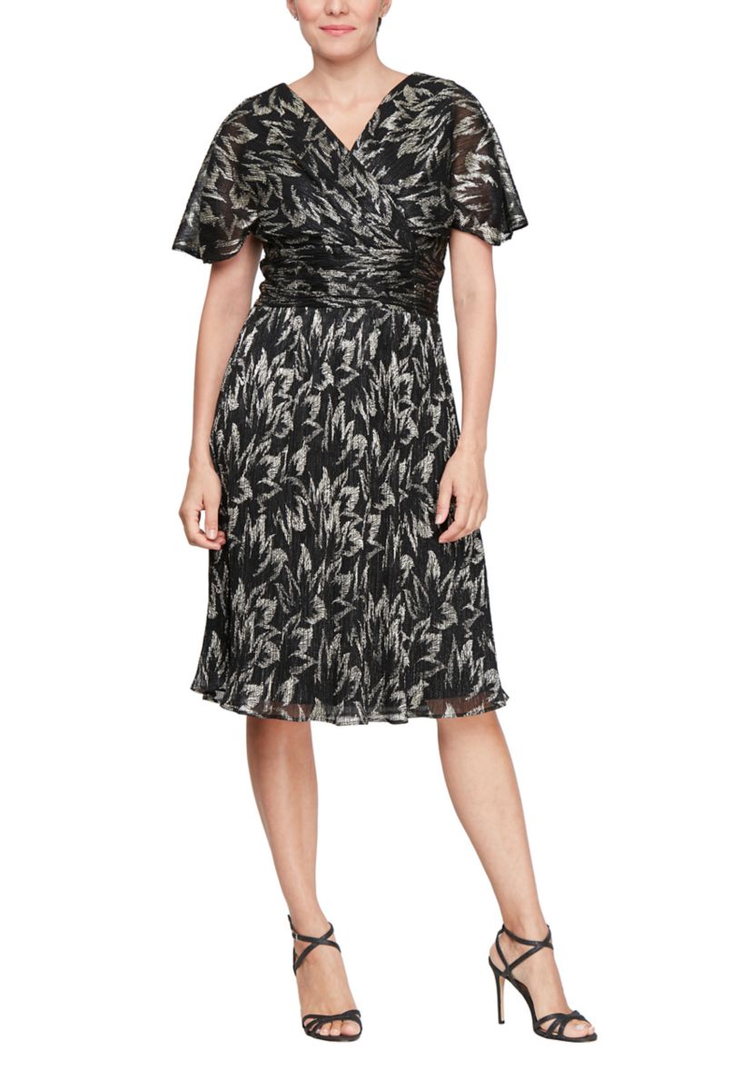 Womens Midi Foil Printed Dress with Surplice Neckline and Ruched Waist