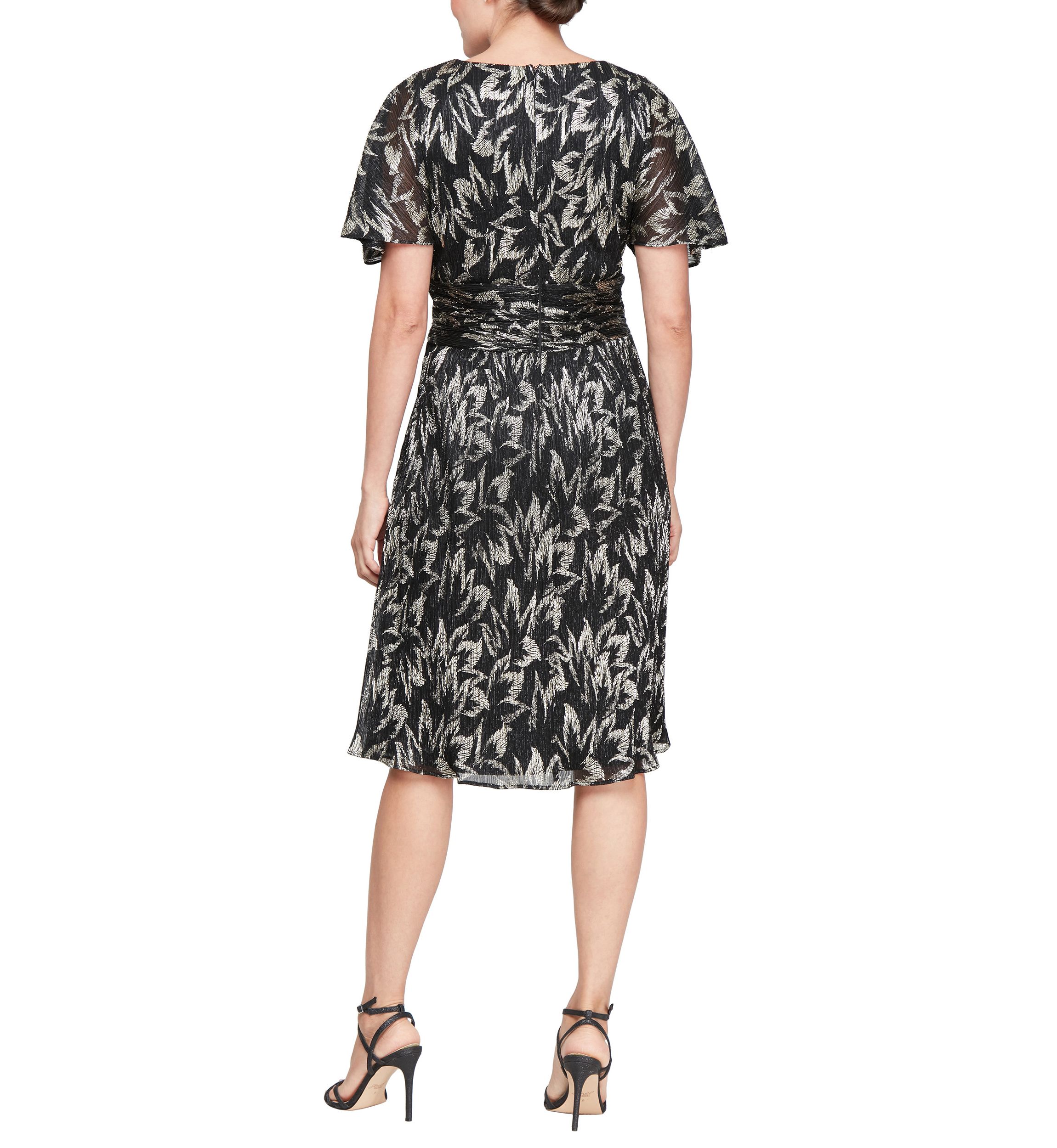 Womens Midi Foil Printed Dress with Surplice Neckline and Ruched Waist