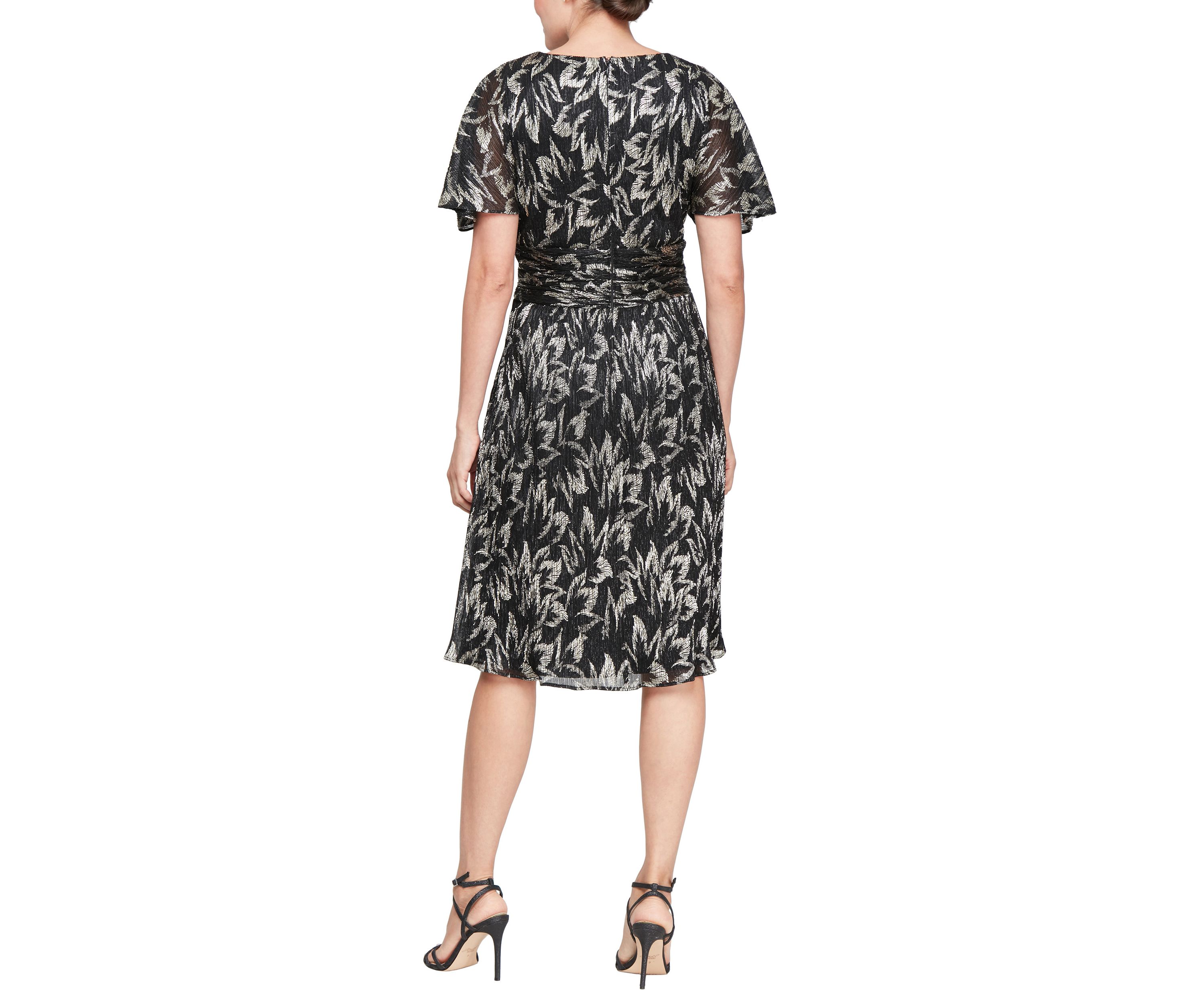 Womens Midi Foil Printed Dress with Surplice Neckline and Ruched Waist