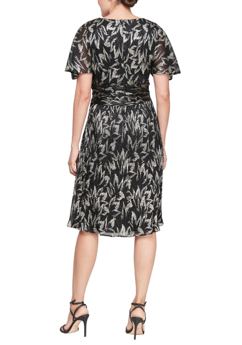 Womens Midi Foil Printed Dress with Surplice Neckline and Ruched Waist