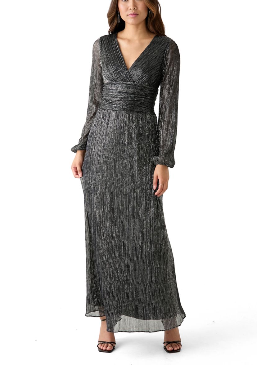 Womens V-Neck Glitter Fit and Flare Gown