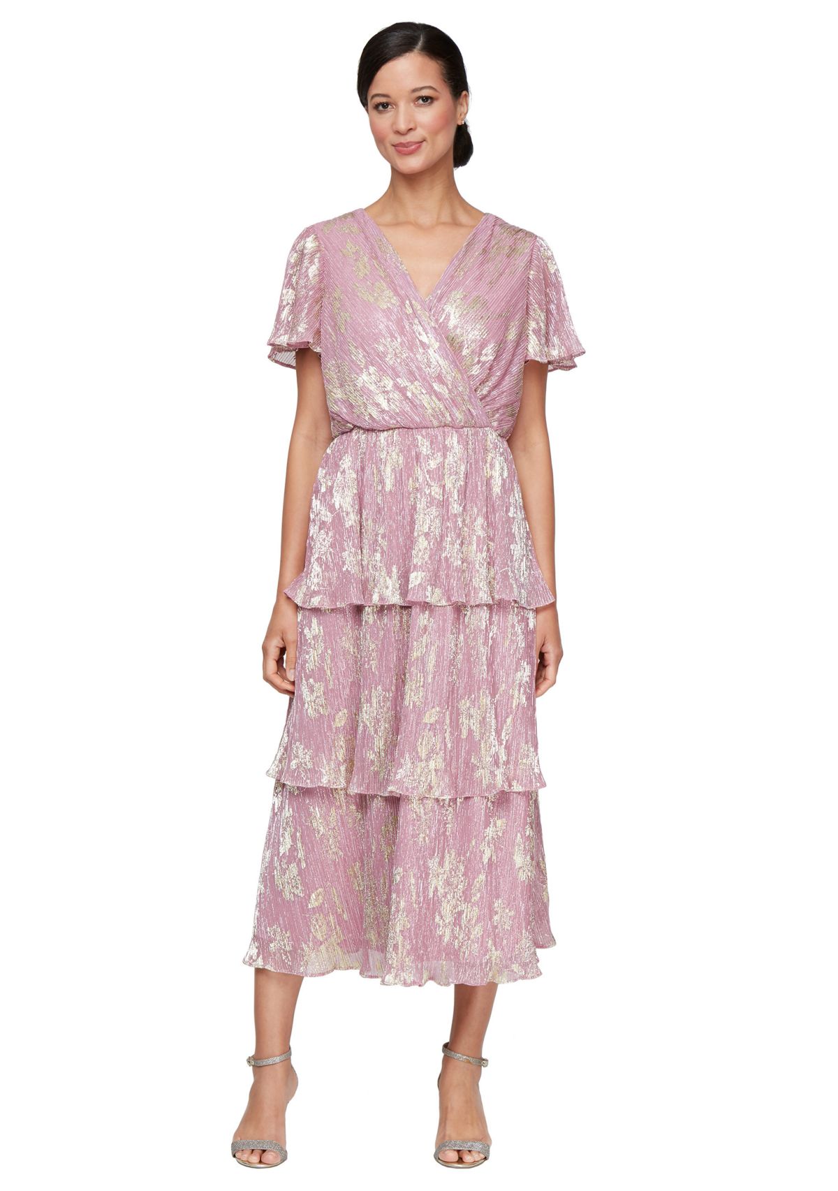 Womens Tea Length Tiered Dress in Gold Foil Printed Bodre Fabric