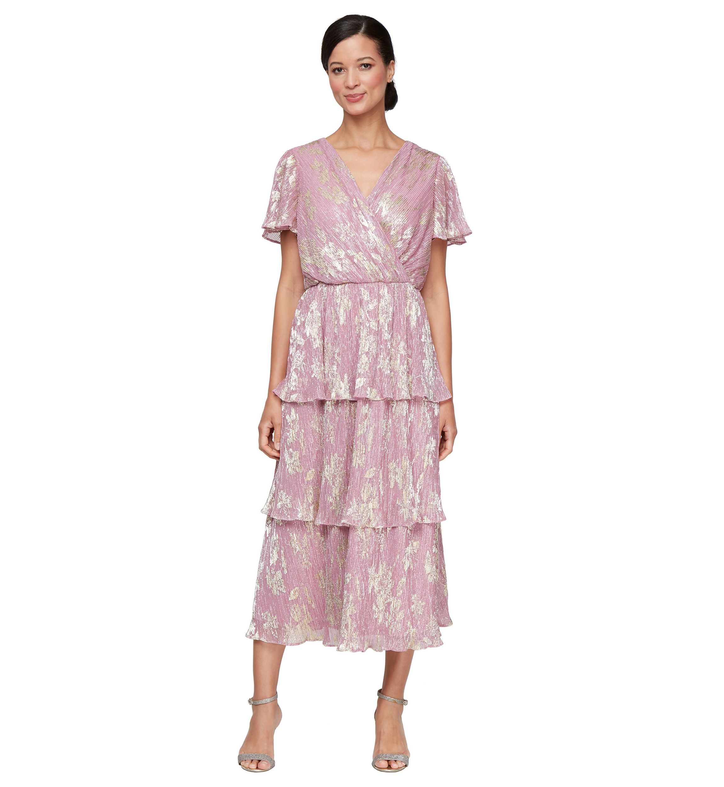 Womens Tea Length Tiered Dress in Gold Foil Printed Bodre Fabric