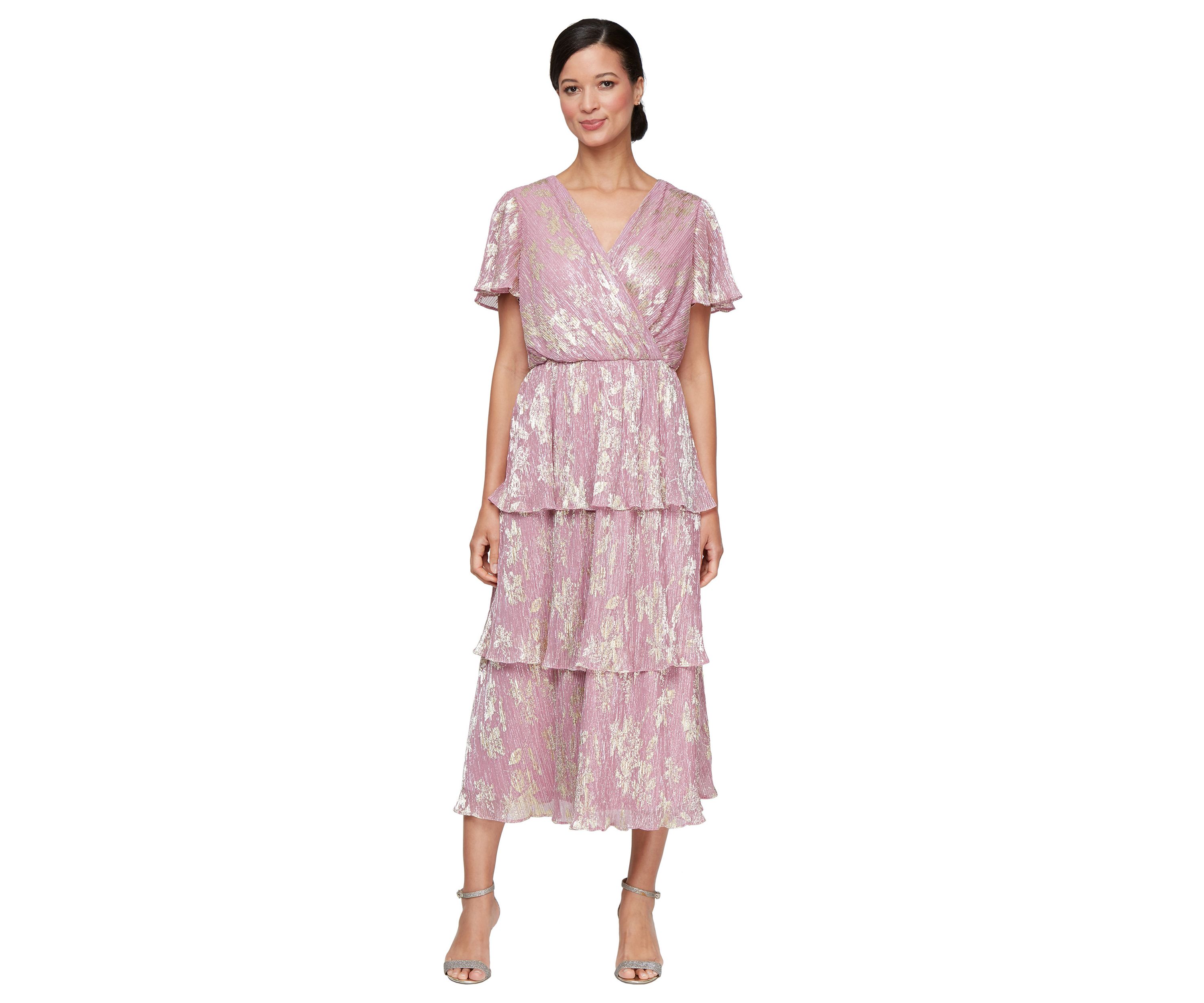 Womens Tea Length Tiered Dress in Gold Foil Printed Bodre Fabric