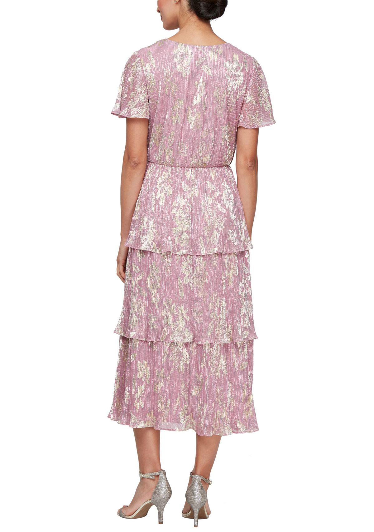 Womens Tea Length Tiered Dress in Gold Foil Printed Bodre Fabric