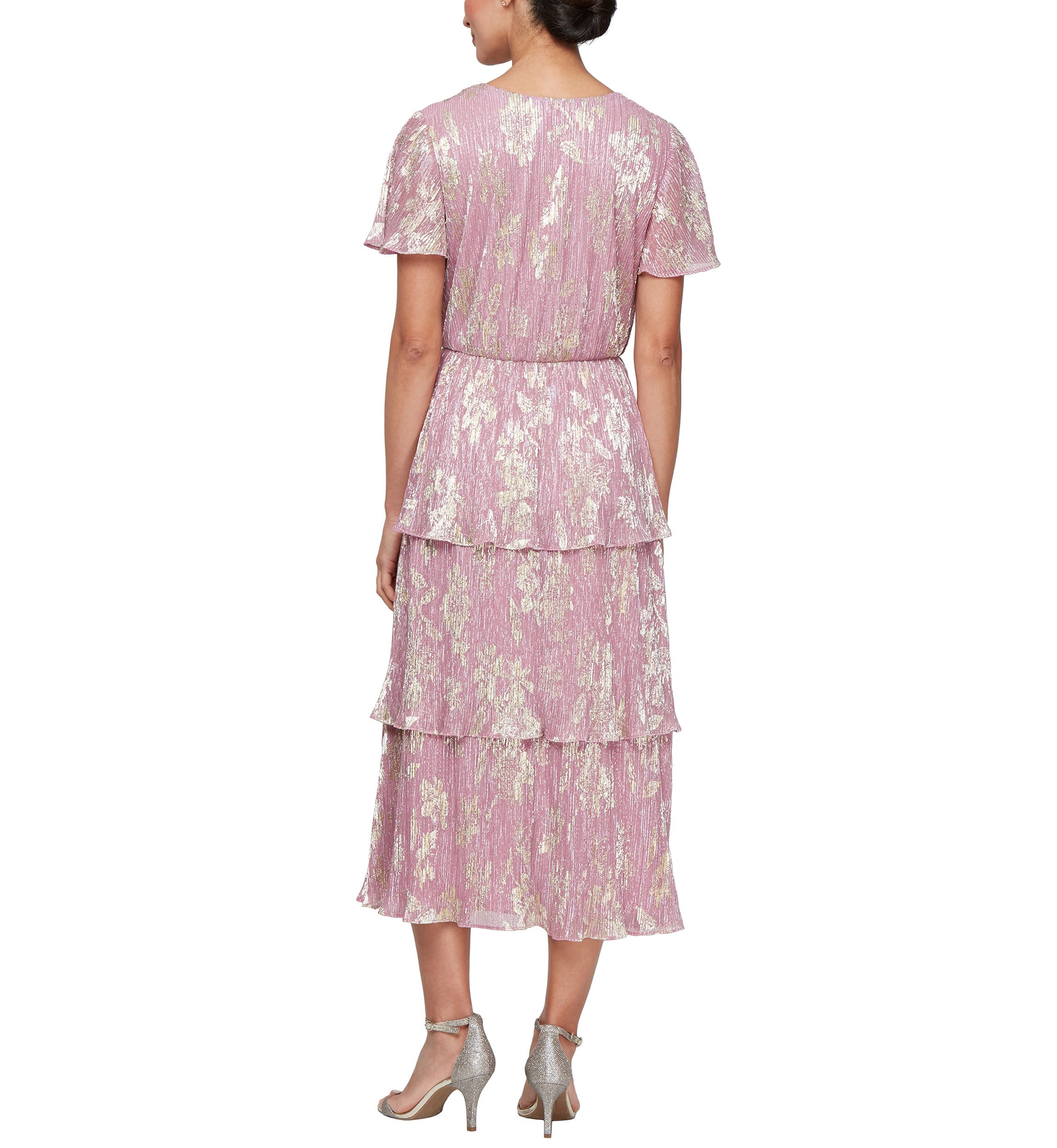 Womens Tea Length Tiered Dress in Gold Foil Printed Bodre Fabric