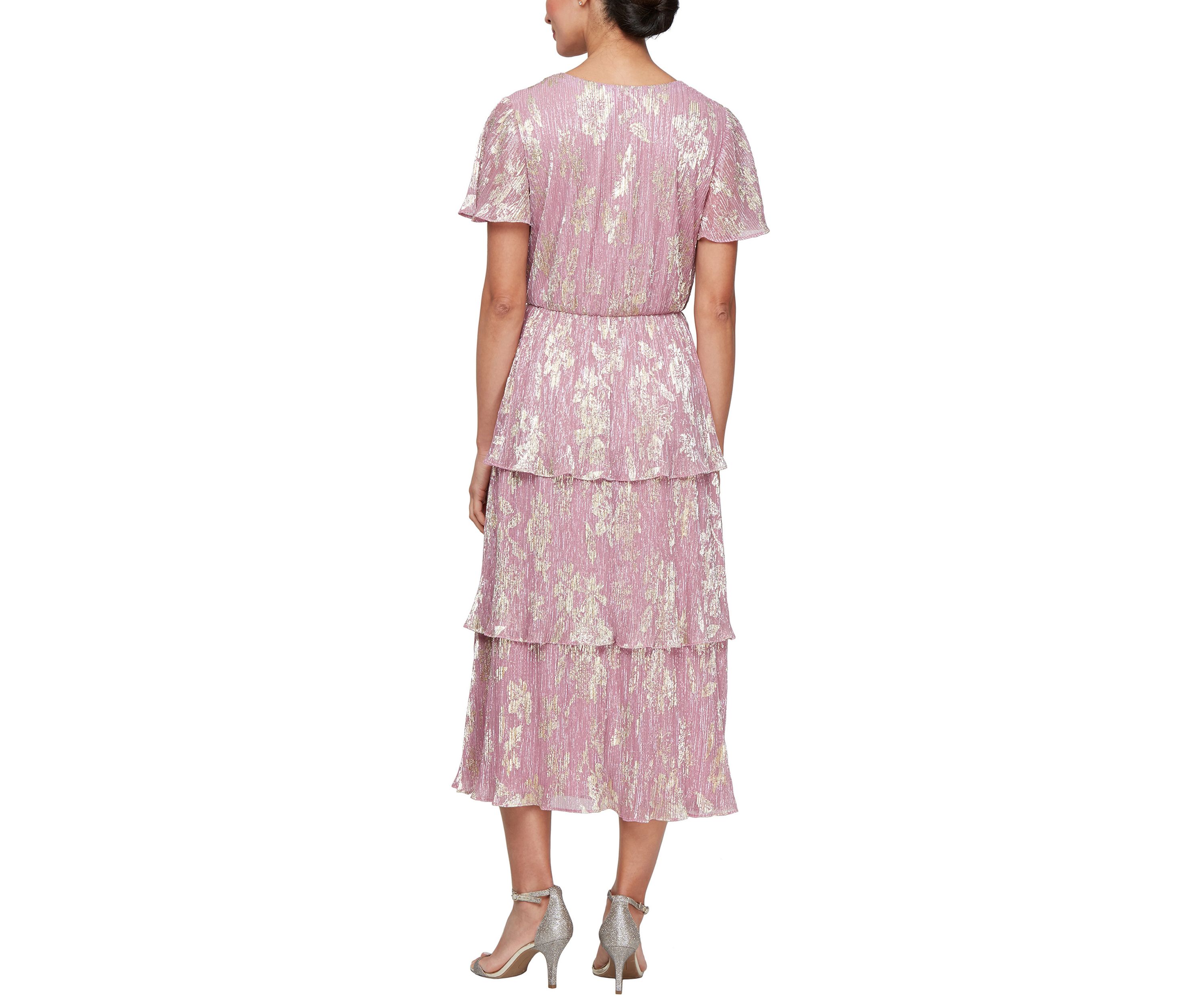 Womens Tea Length Tiered Dress in Gold Foil Printed Bodre Fabric
