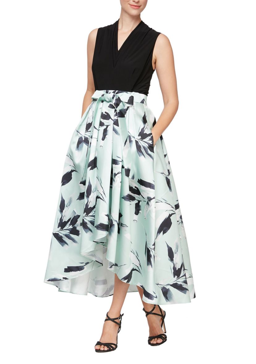 Stretch Knit Top with Printed Hi-Lo Skirt