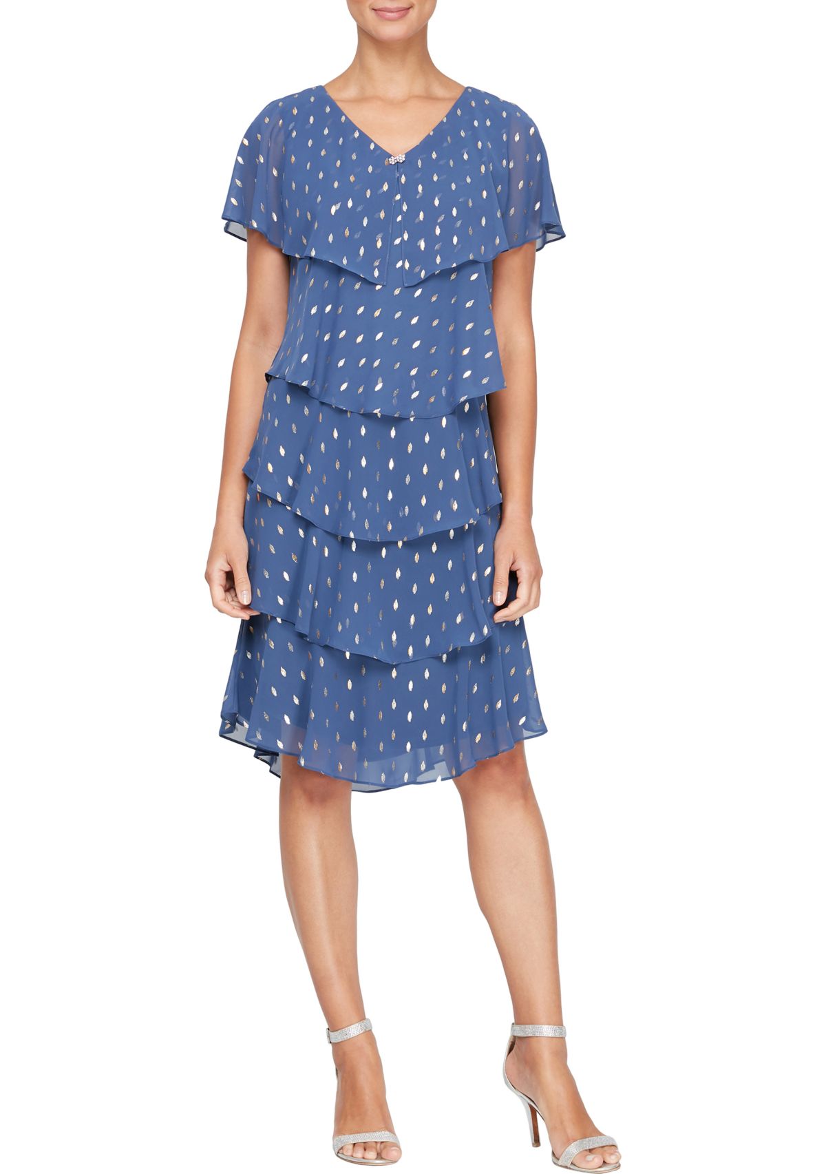 Womens Metallic Foil Print Short Flutter Sleeve Tier Dress