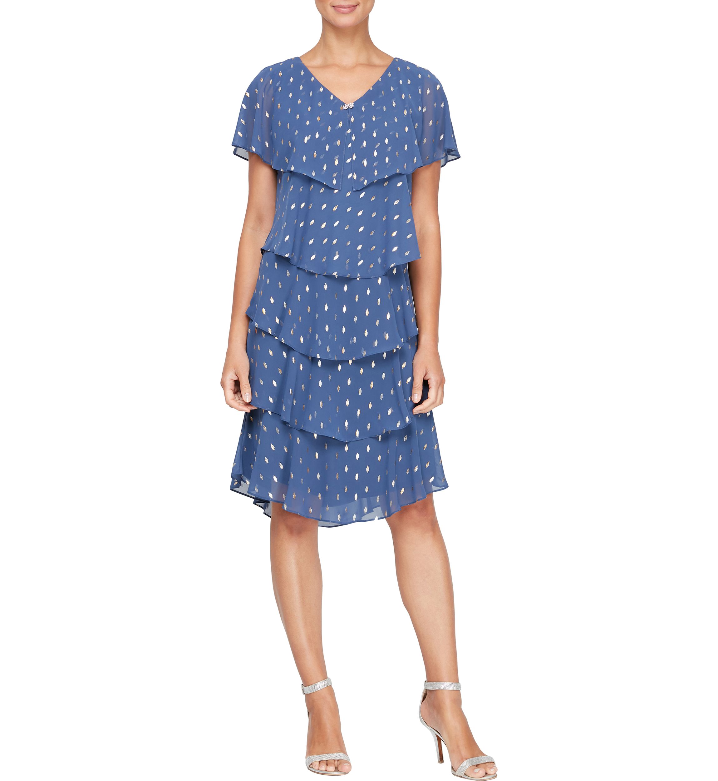 Womens Metallic Foil Print Short Flutter Sleeve Tier Dress
