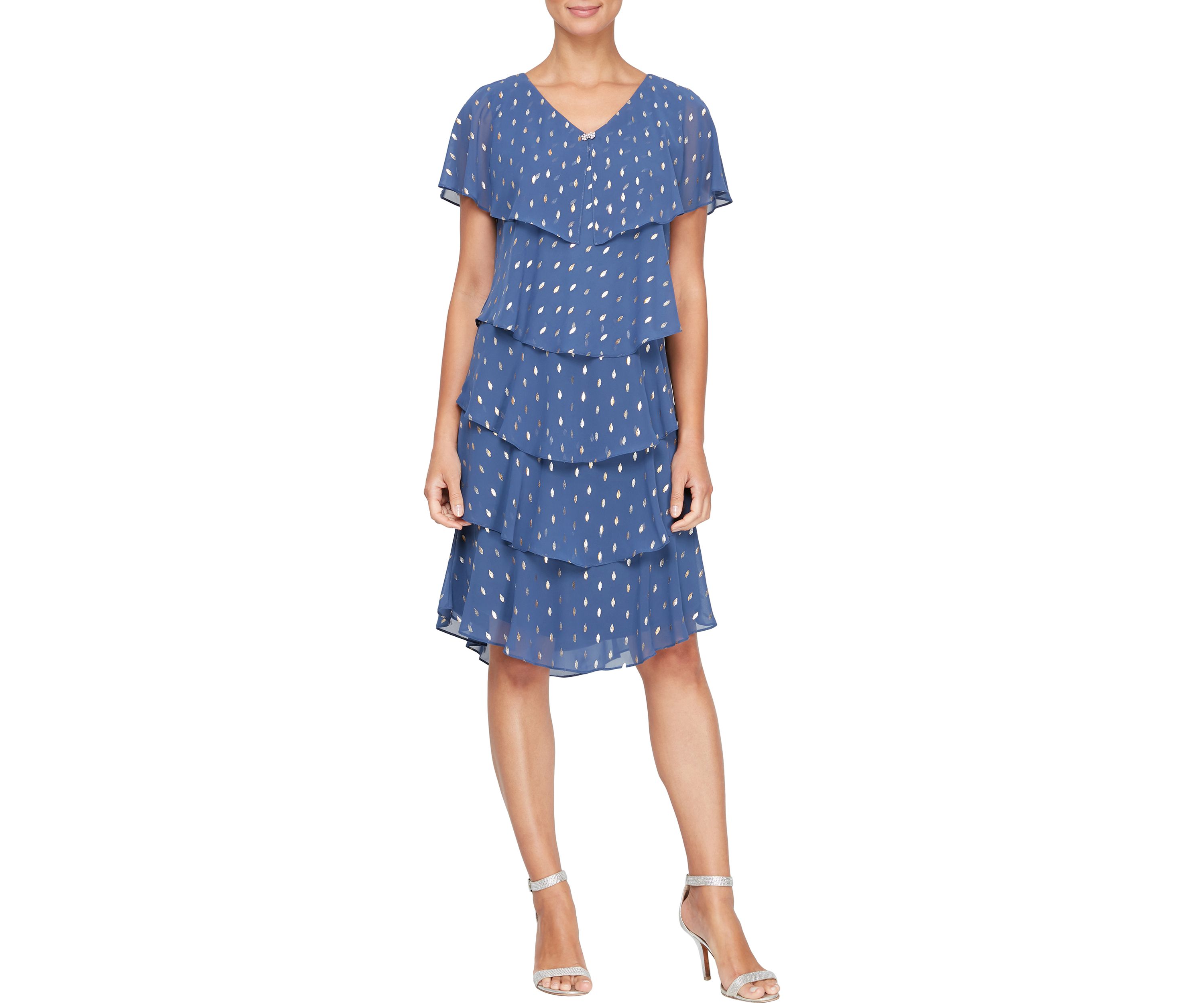Womens Metallic Foil Print Short Flutter Sleeve Tier Dress