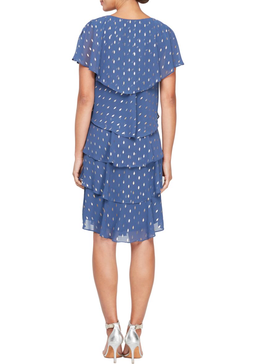 Womens Metallic Foil Print Short Flutter Sleeve Tier Dress