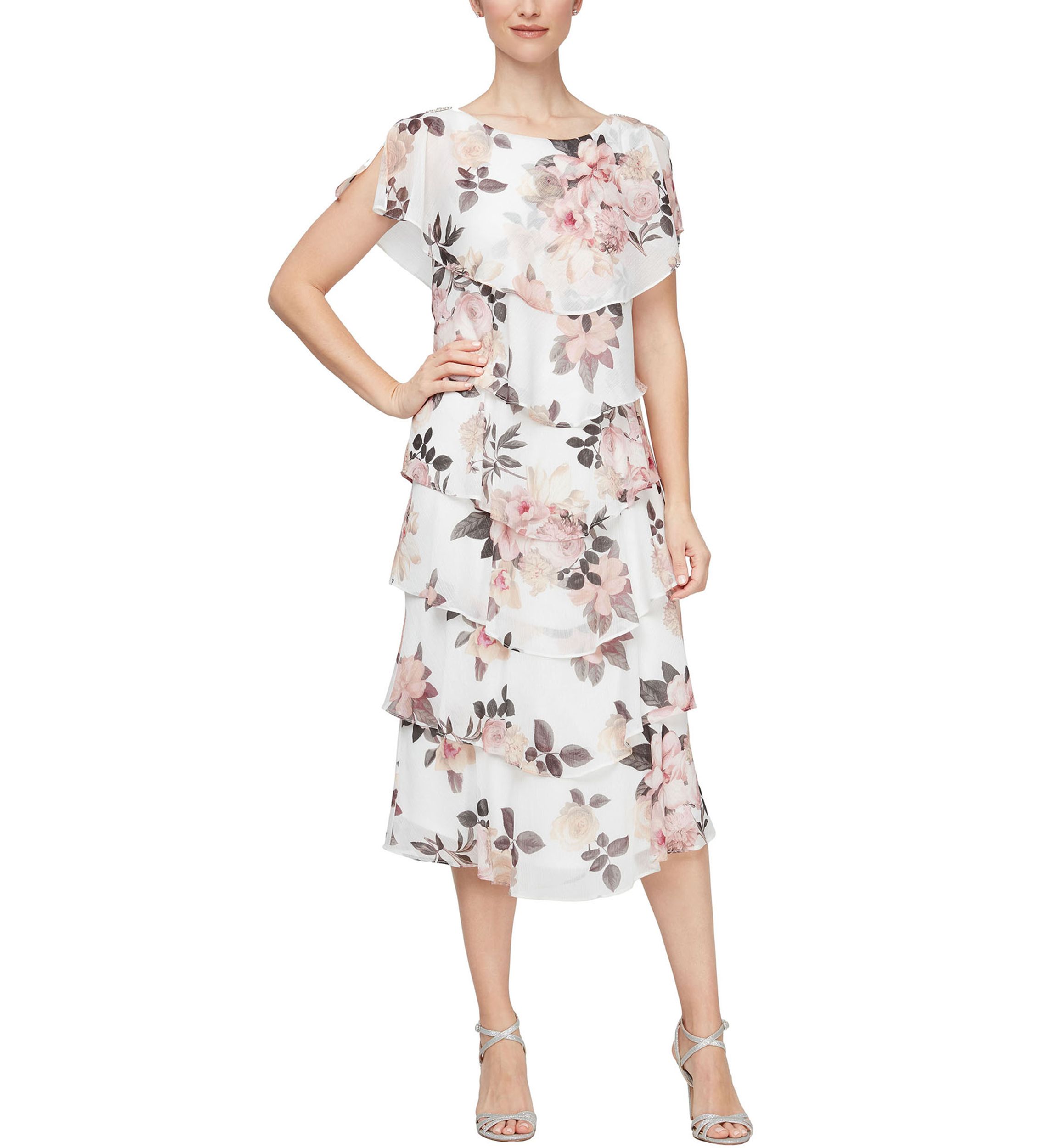 Womens Tea Length Printed Tiered Dress