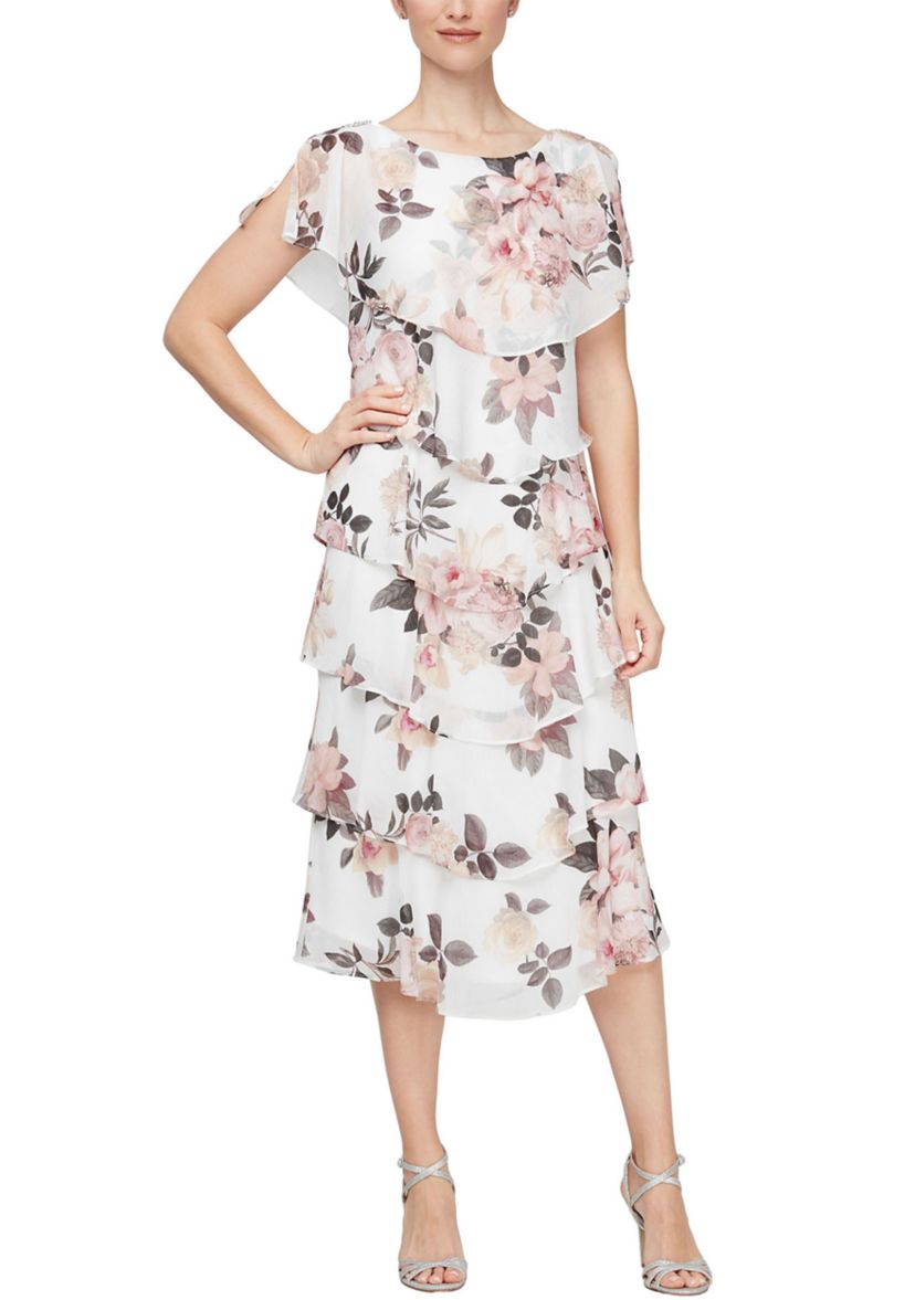 Womens Tea Length Printed Tiered Dress