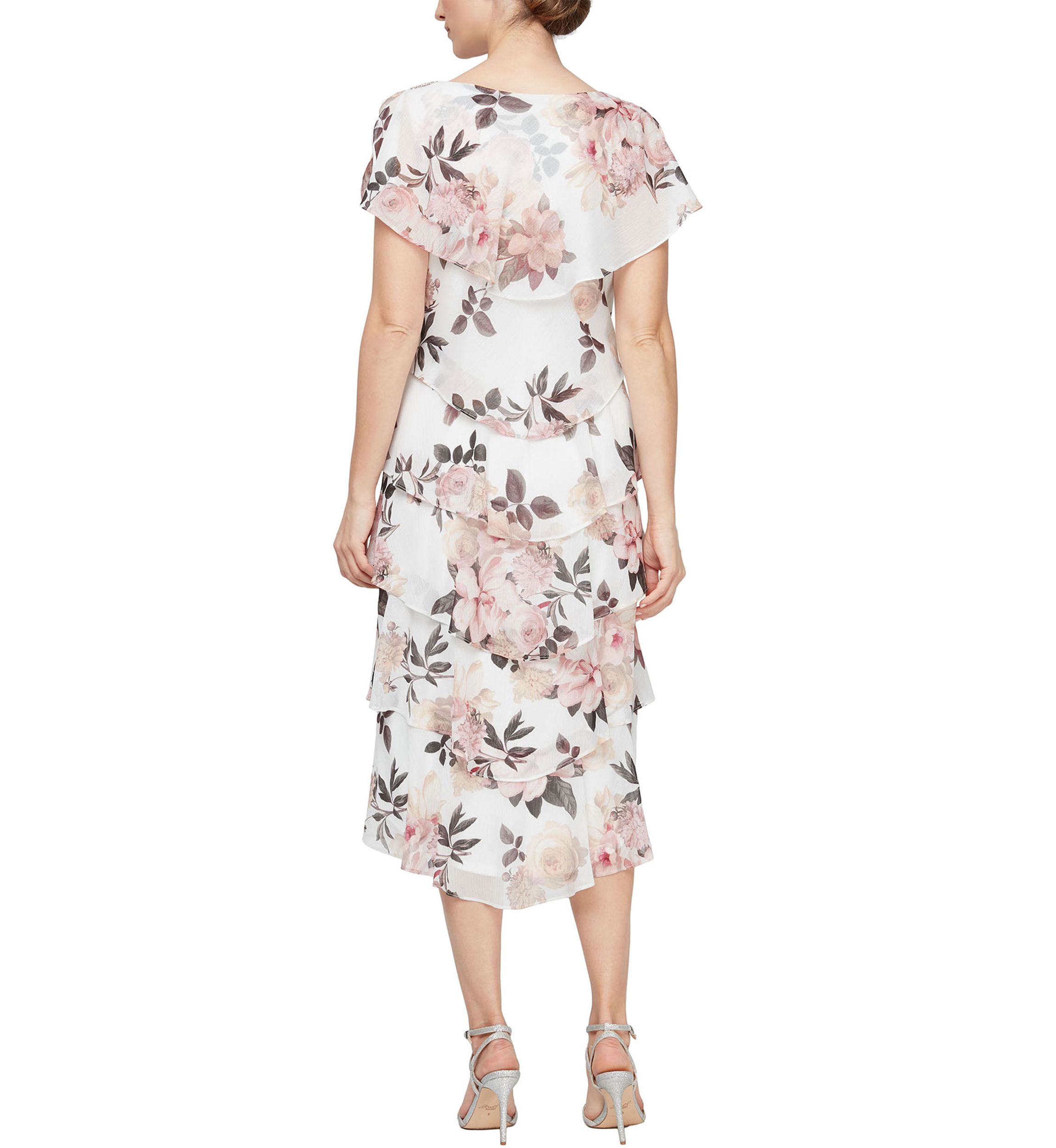 Womens Tea Length Printed Tiered Dress