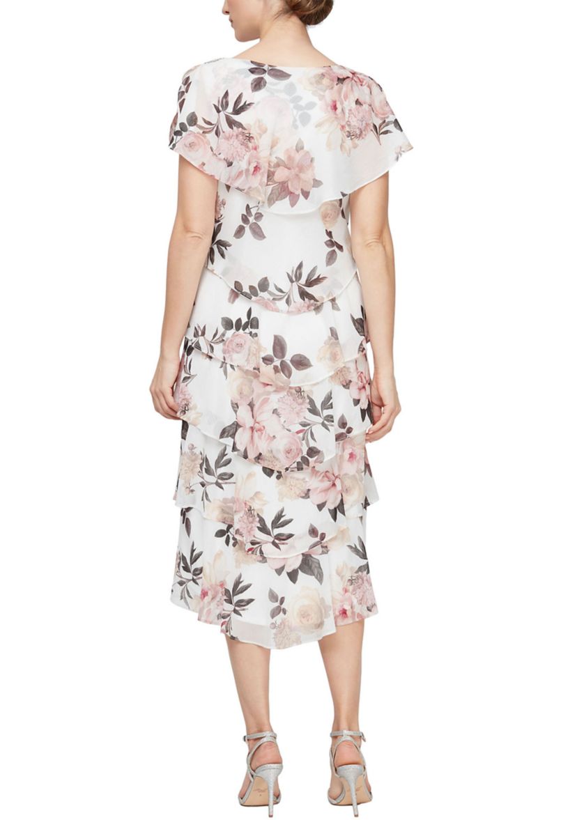 Womens Tea Length Printed Tiered Dress