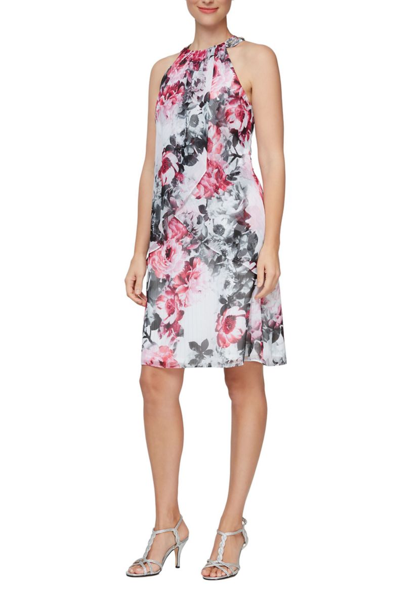 Pearl Beaded Printed Halter Ruffle Front Dress