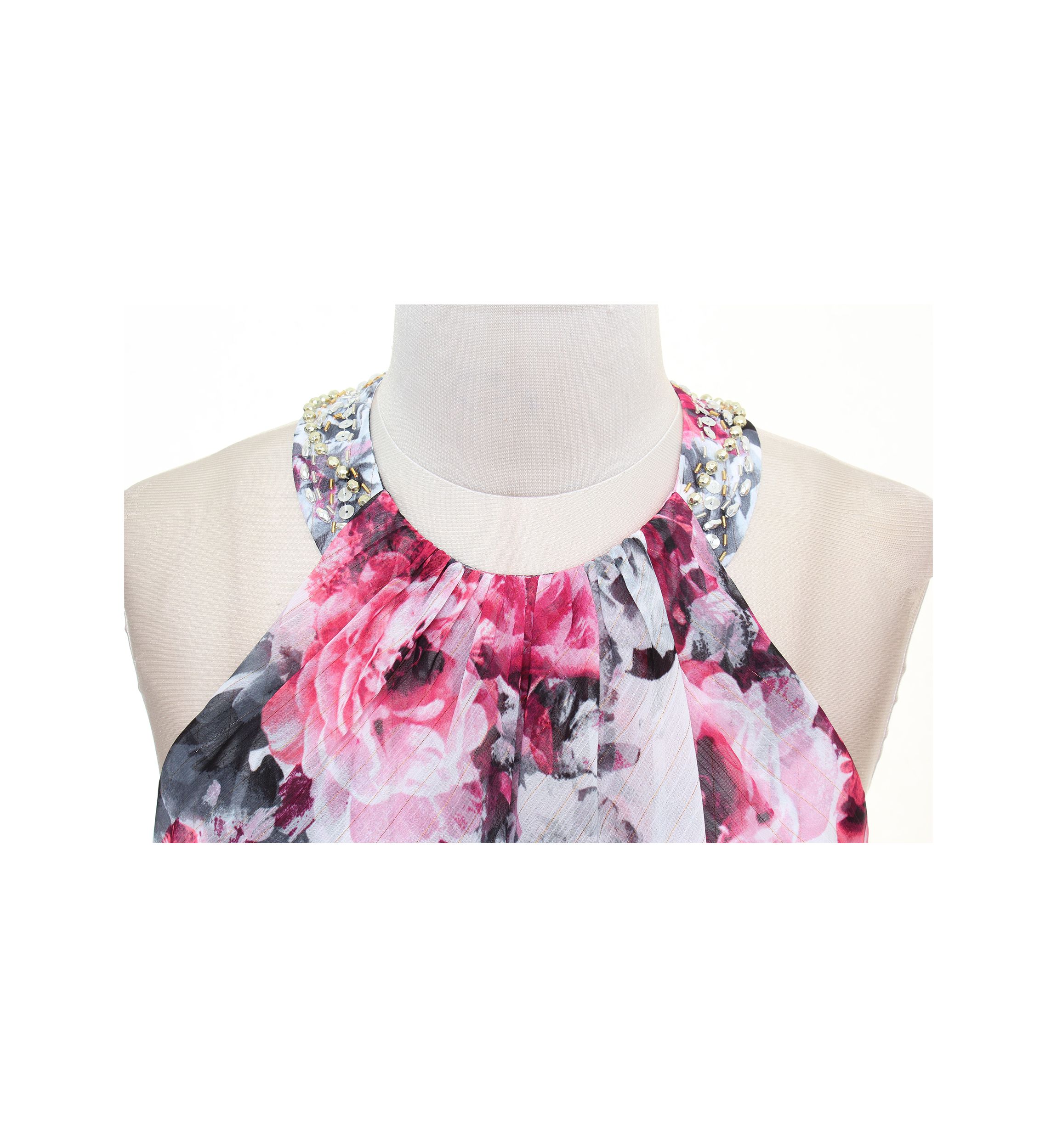 Pearl Beaded Printed Halter Ruffle Front Dress