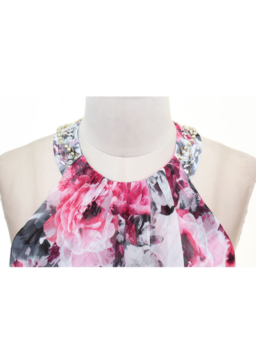 Pearl Beaded Printed Halter Ruffle Front Dress