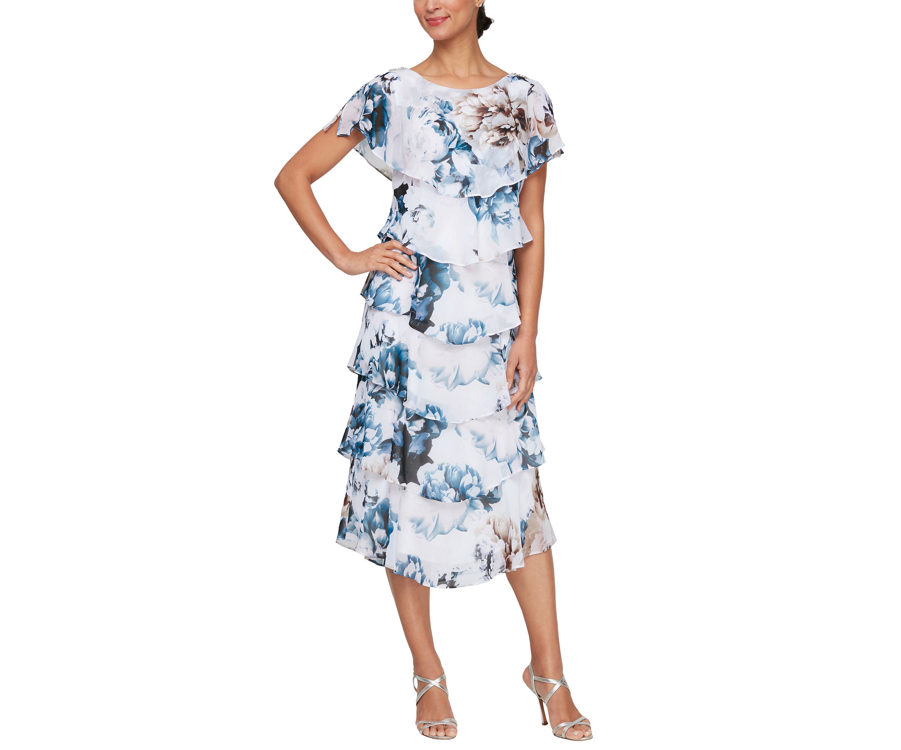 T-Length Tiered Dress with Embellished Shoulder