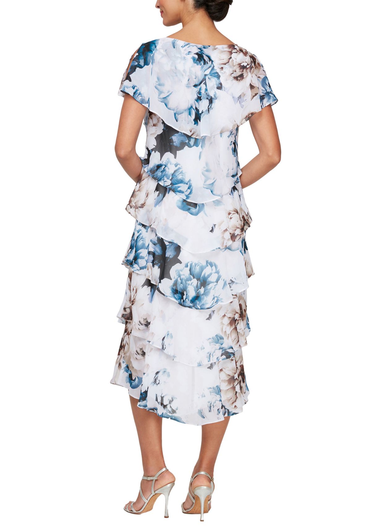 T-Length Tiered Dress with Embellished Shoulder