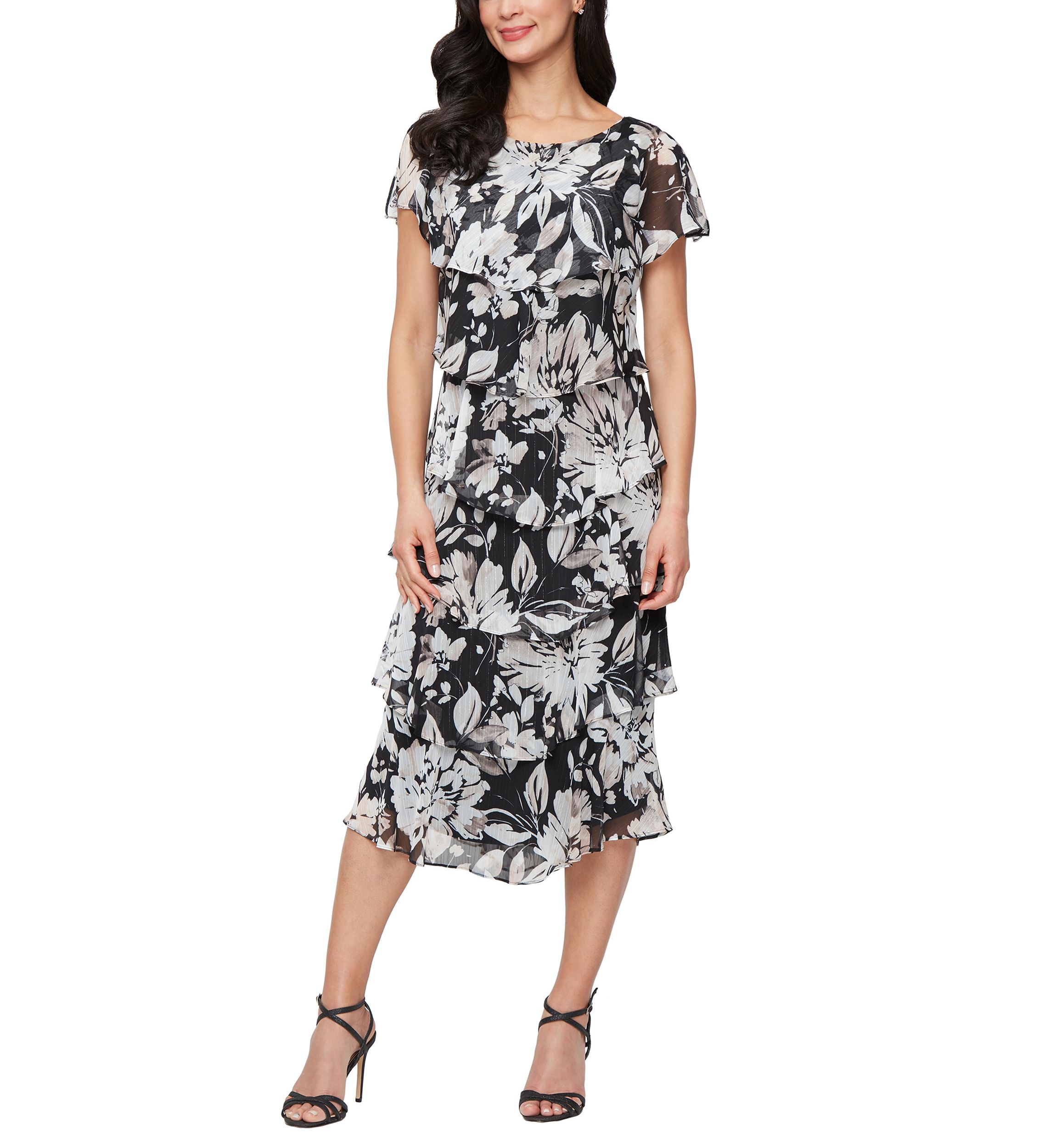 Womens Printed Midi Tiered Dress