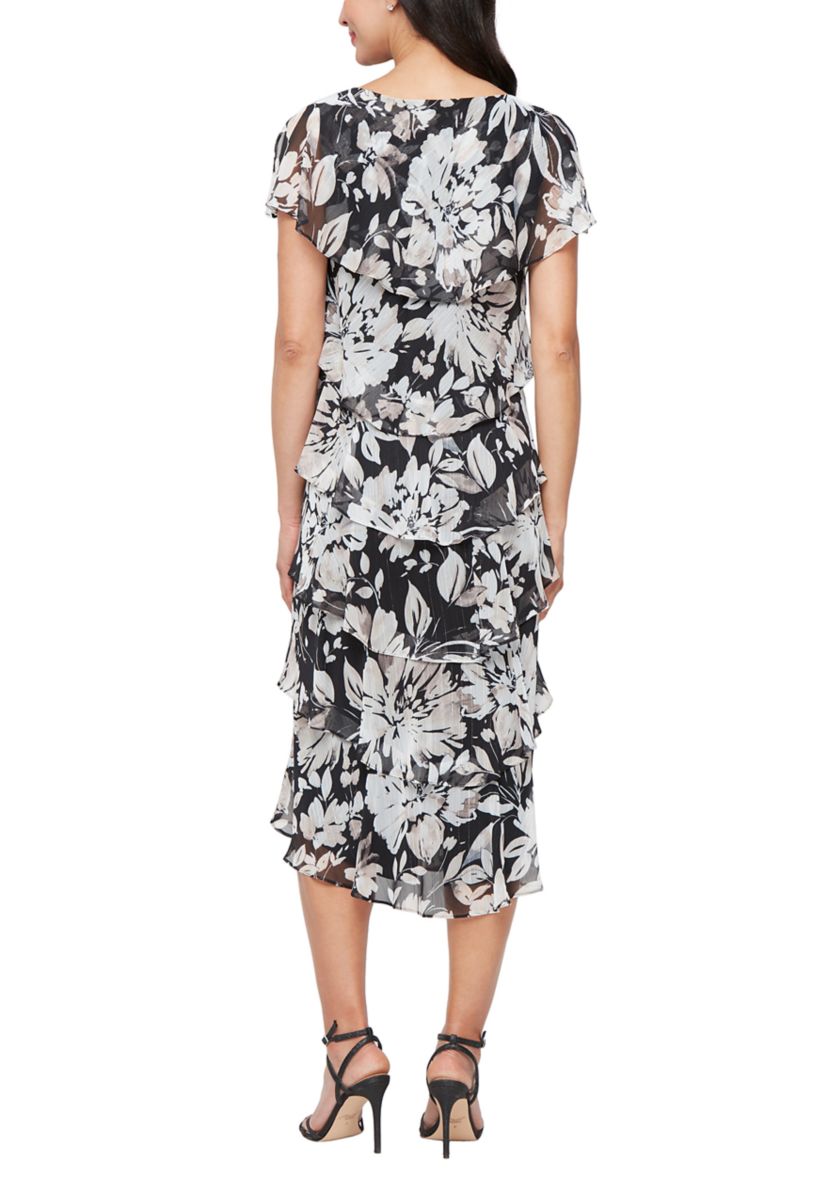 Womens Printed Midi Tiered Dress