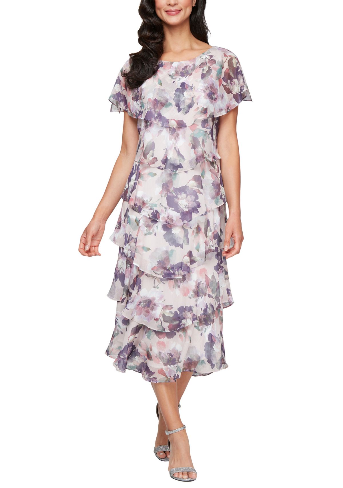 Womens Tea Length Tiered Dress with Embellished Shoulder