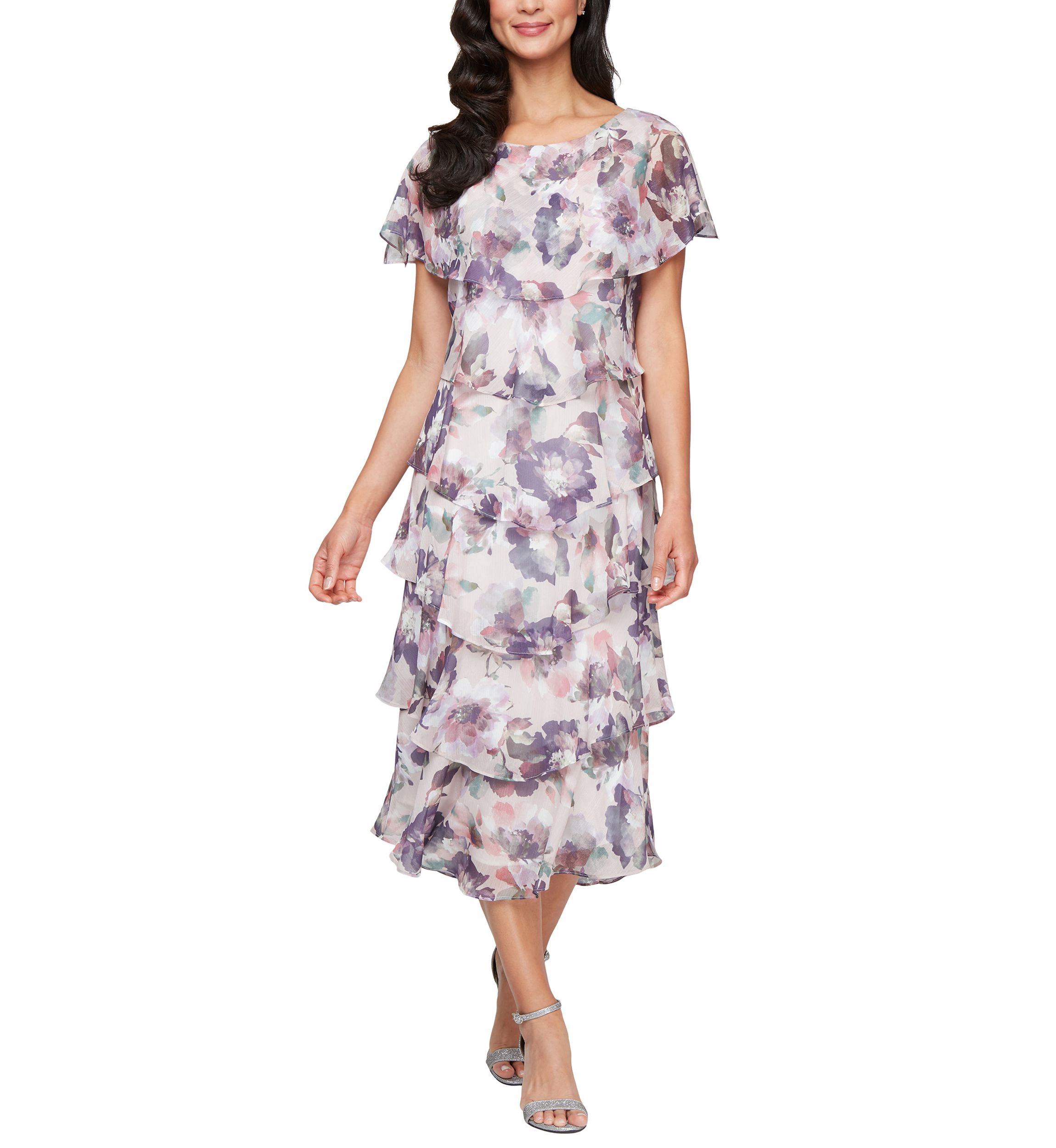Womens Tea Length Tiered Dress with Embellished Shoulder