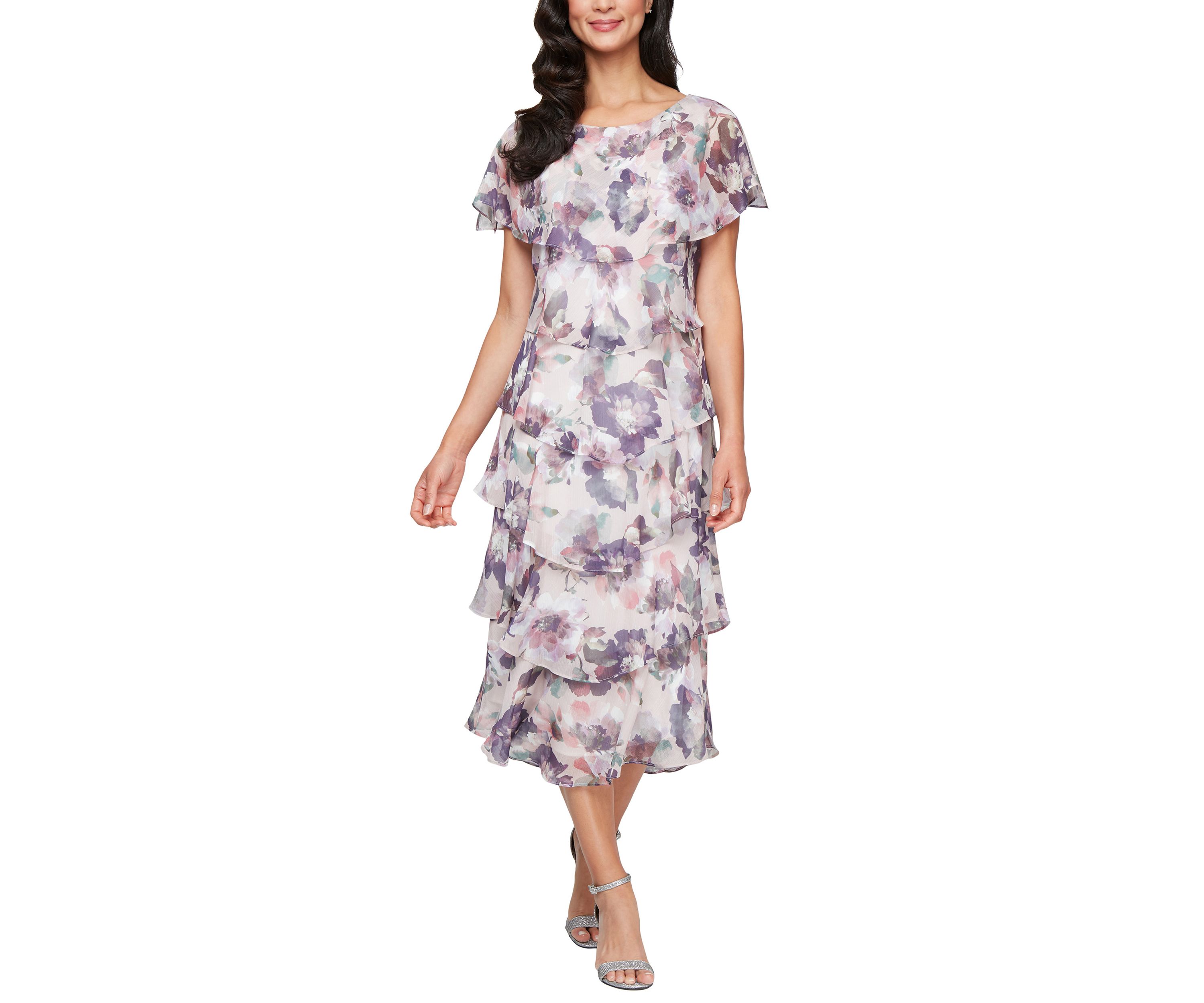 Womens Tea Length Tiered Dress with Embellished Shoulder