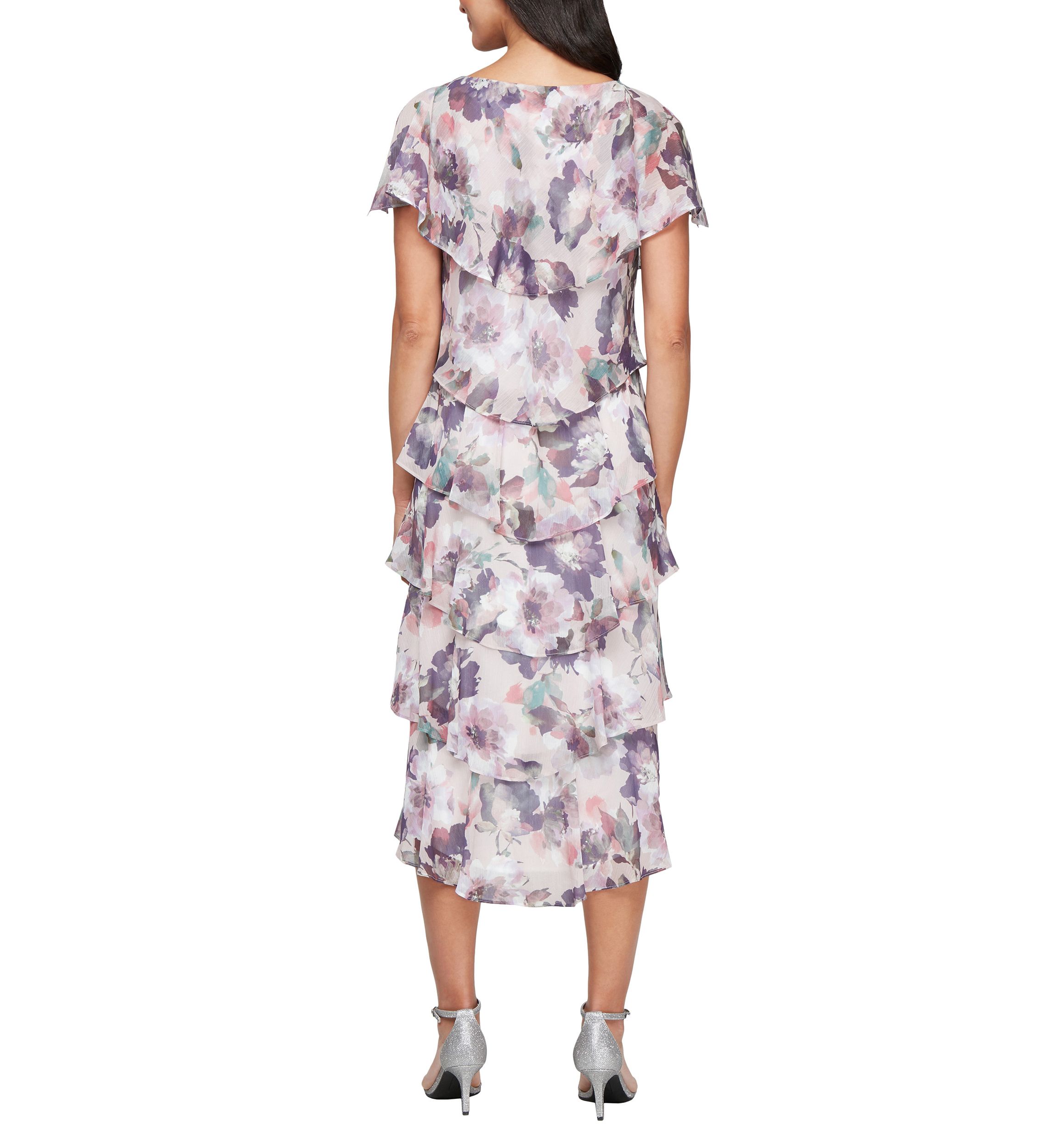 Womens Tea Length Tiered Dress with Embellished Shoulder