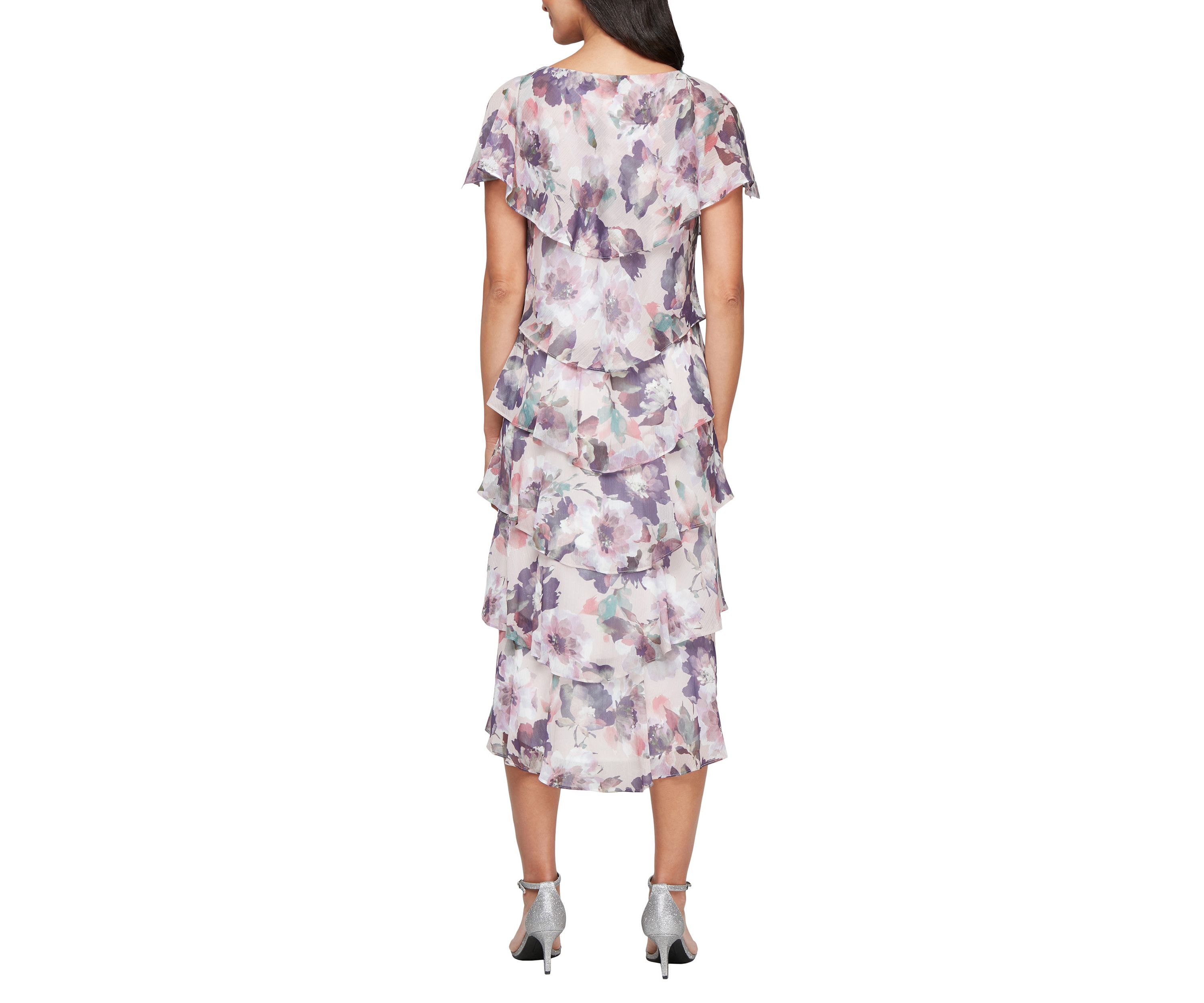 Womens Tea Length Tiered Dress with Embellished Shoulder