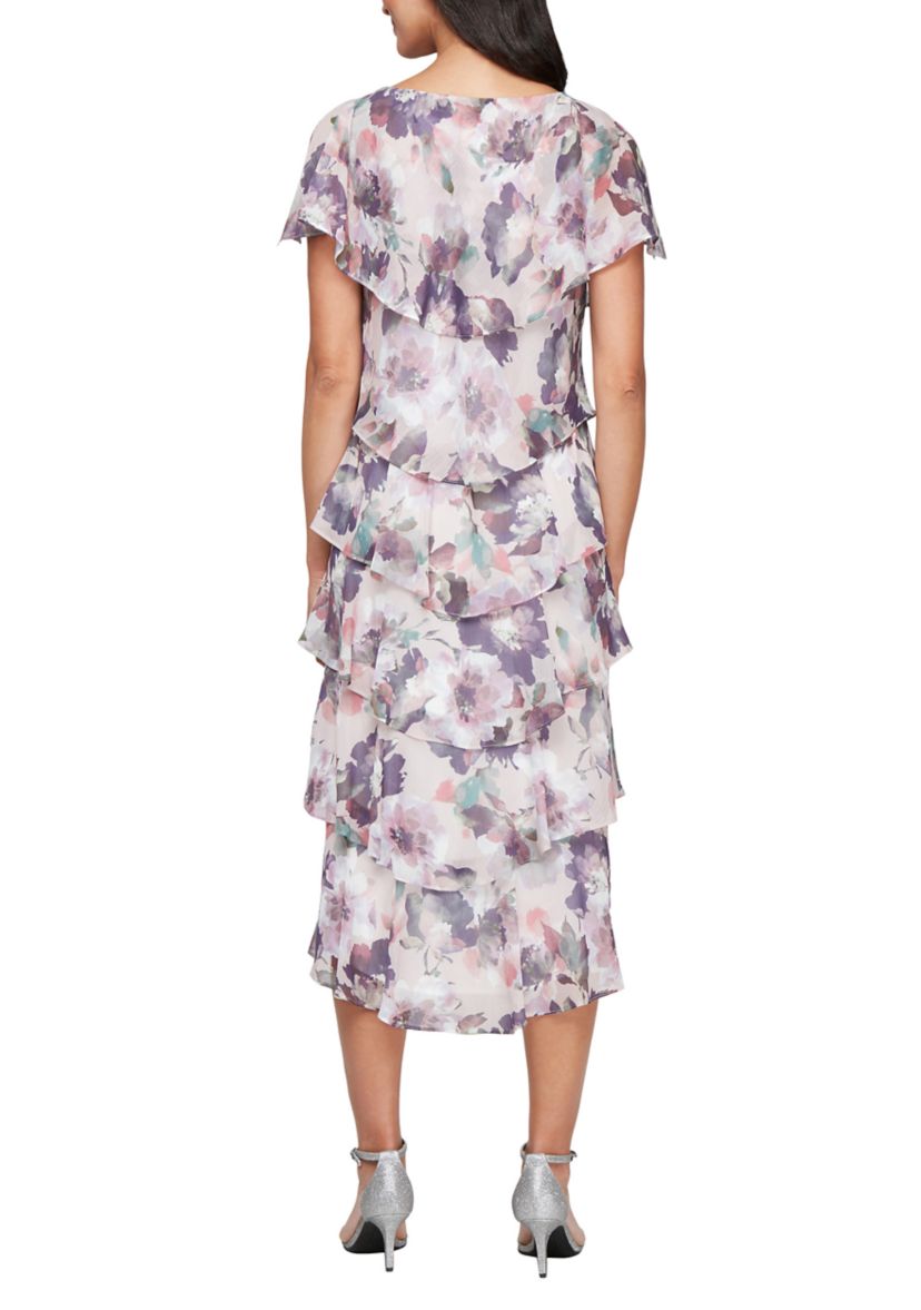 Womens Tea Length Tiered Dress with Embellished Shoulder