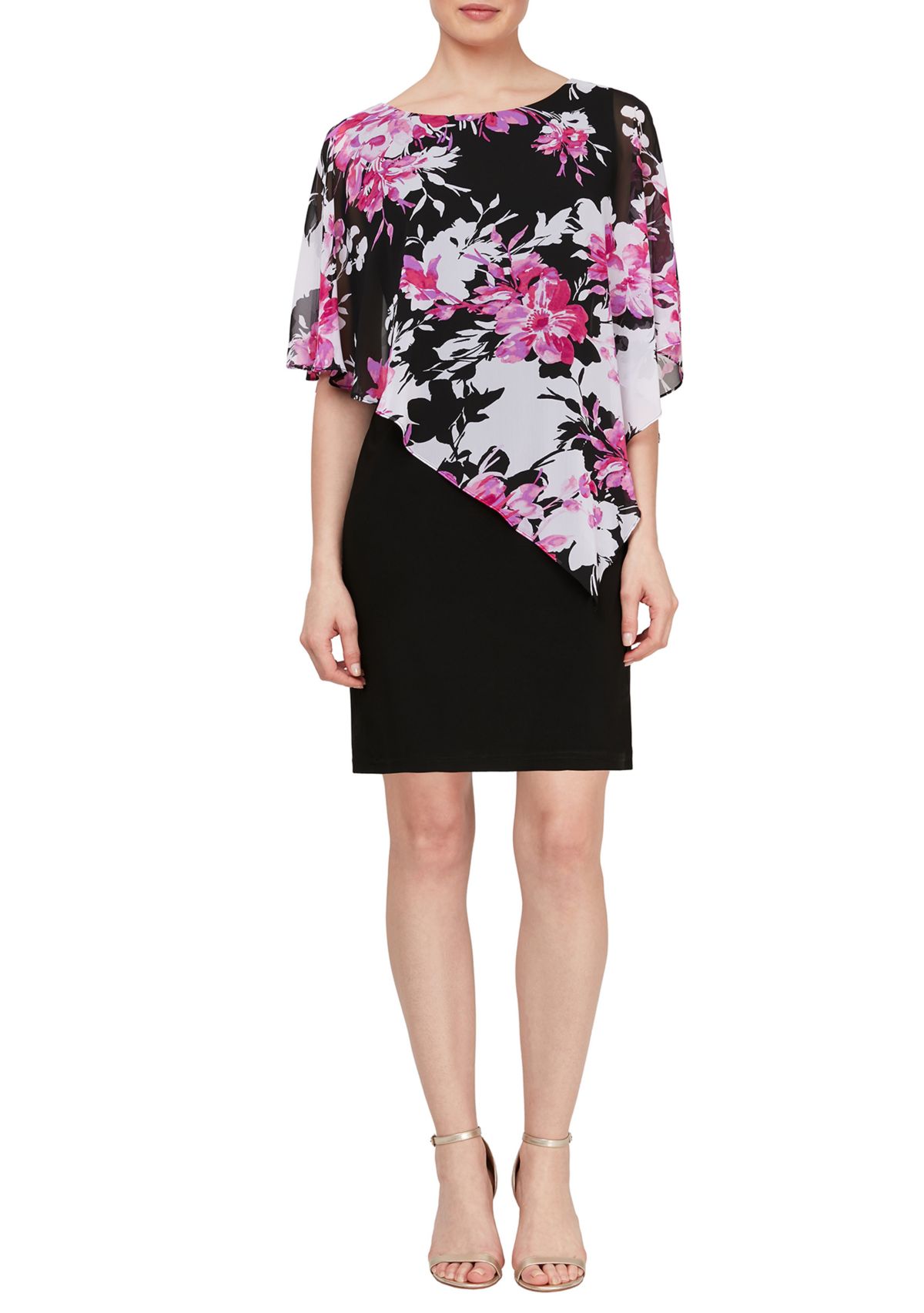 Womens Floral Printed Chiffon Print Overlay Sheath Dress