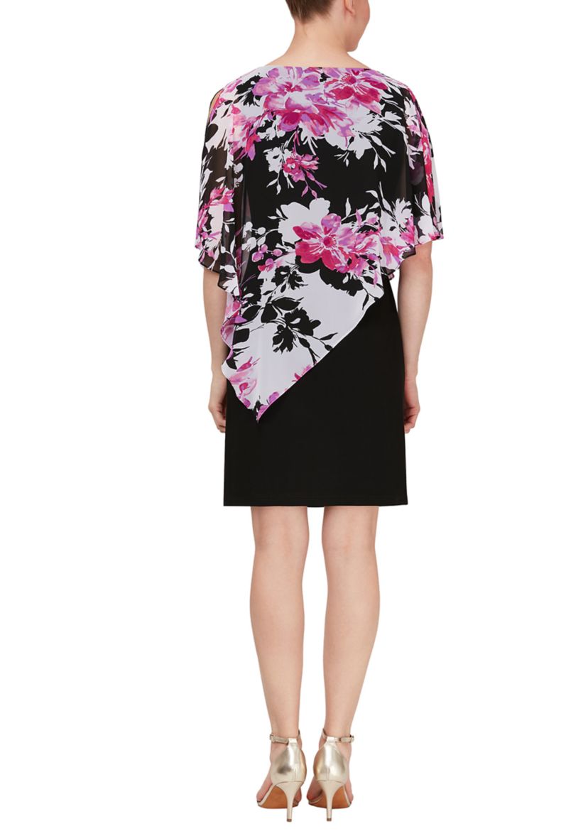 Womens Floral Printed Chiffon Print Overlay Sheath Dress