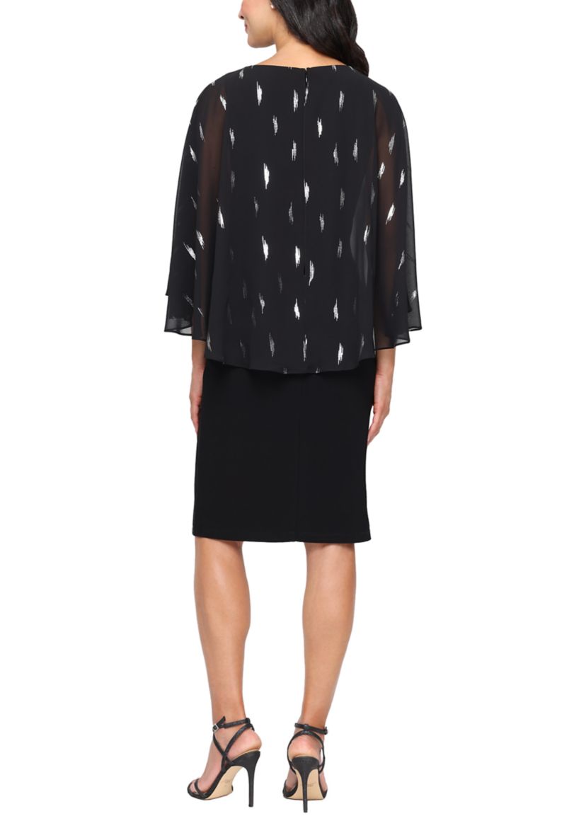 Foil Print Chiffon Capelet Cocktail Dress in Black