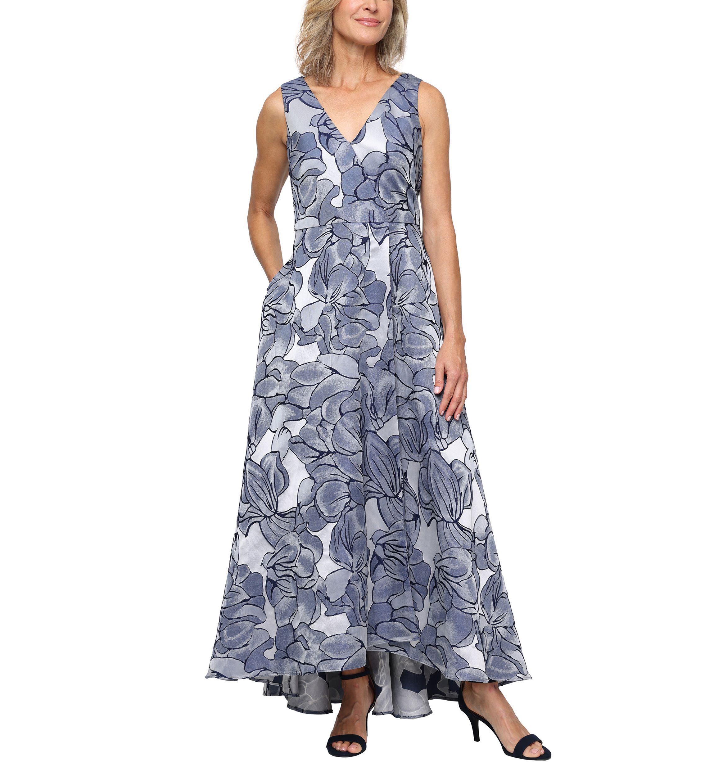 sl designs dresses Plus Long Fit and Flare Dress With Illusion Flutter Sleeves, Embellishment  Detail at Shoulders and Front Slit