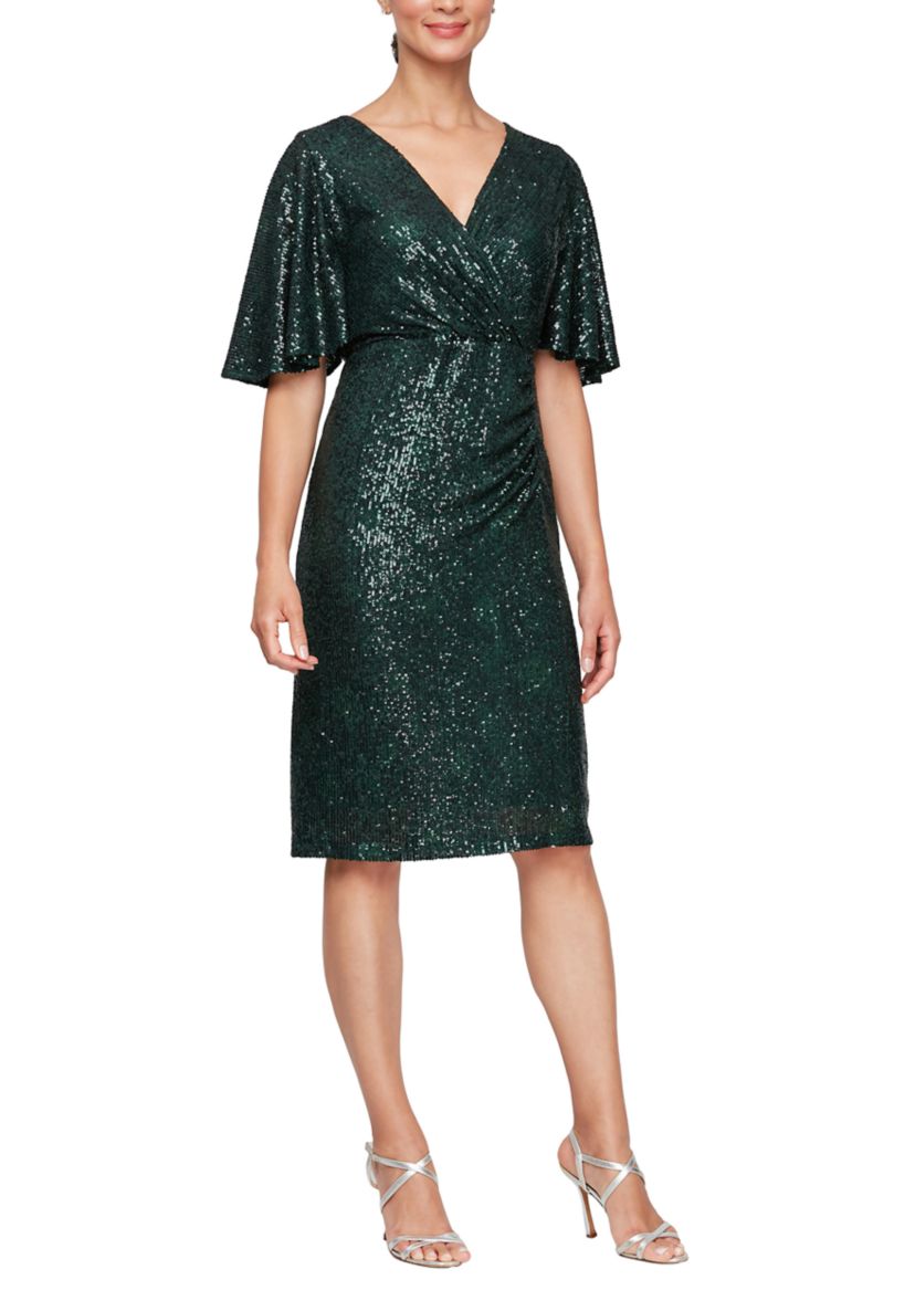 Womens Short Surplice Sheath Dress with Capelet Sleeves