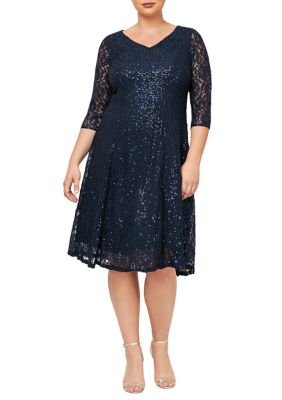 SLNY Plus Size Tea Length Sequined Dress | belk